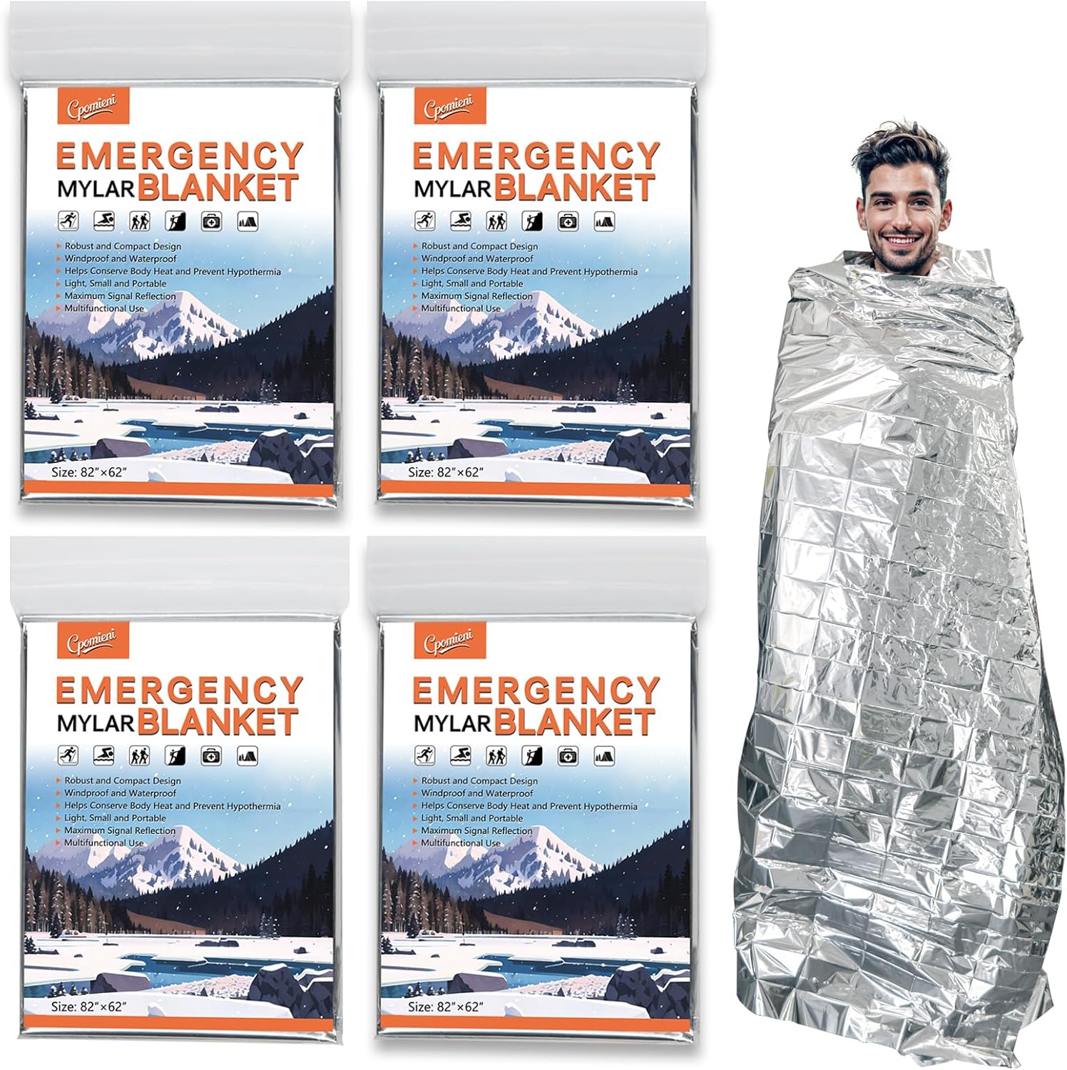 Large 82” x 62” Survival Emergency Mylar Thermal Blankets, Thermal Survival Blanket Perfect for Camping, Hiking, Body Insulation, Outdoors, Car Survival Kit, Bug Out Bag (4 Pack) Large 82” x 62” Survival Emergency Mylar Thermal Blankets, Thermal Survival Blanket Perfect for Camping, Hiking, Body Insulation, Outdoors, Car Survival Kit, Bug Out Bag (4 Pack)