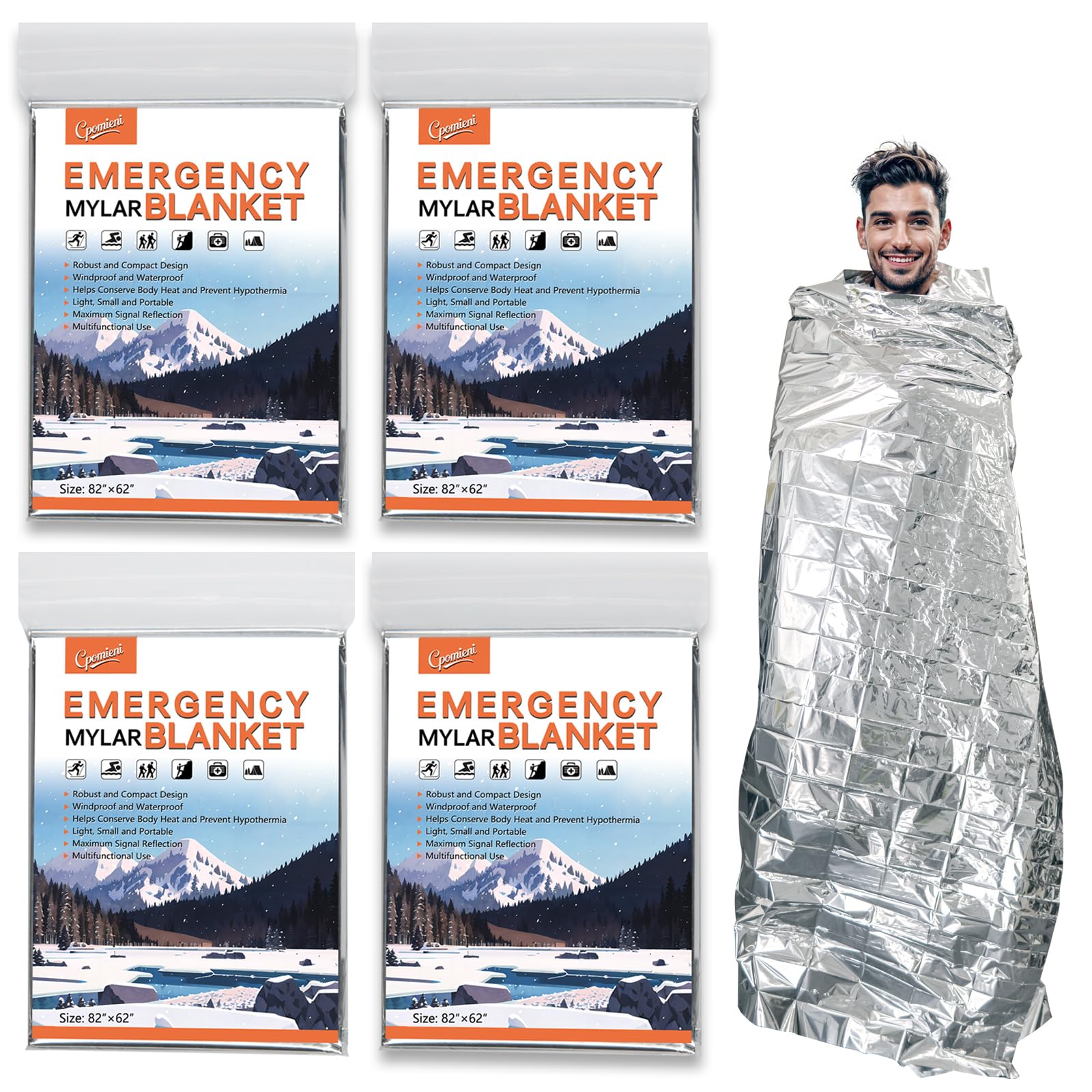 4 -Pack Emergency Blanket, 82” x 62“, Mylar Blanket, Thermal Survival Blanket for Camping, Hiking, Body Insulation, Outdoors, Survival