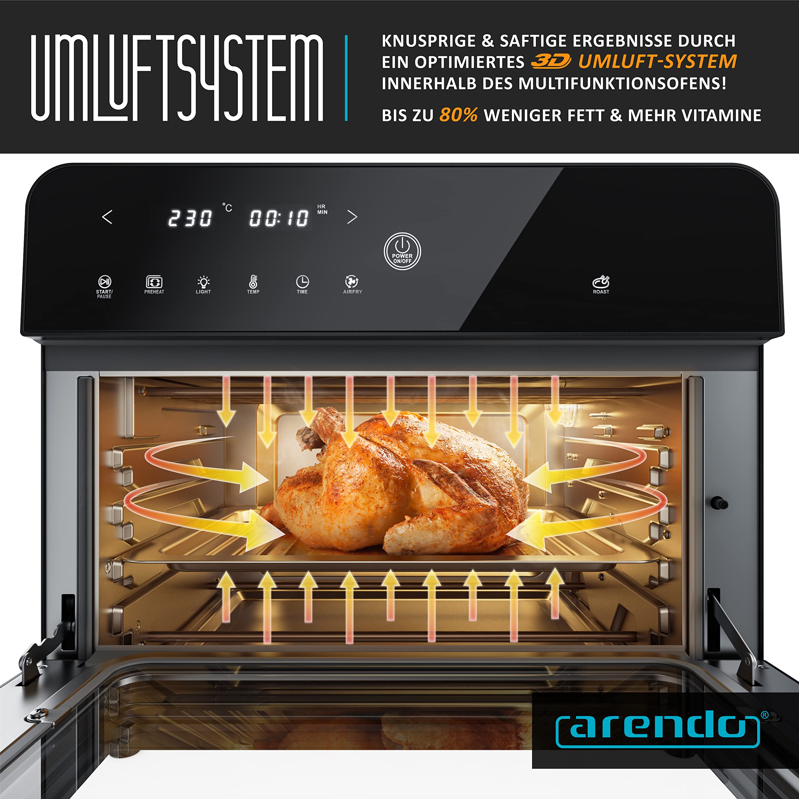 Arendo - Heißluftfritteuse 25 Liter Edelstahl - Multifunktionsofen - mini Backofen - Aerofryer - 1800 Watt - Inkl. Backblech, Dörrblech, Ofenrost, Frittierkorb - BPA-frei