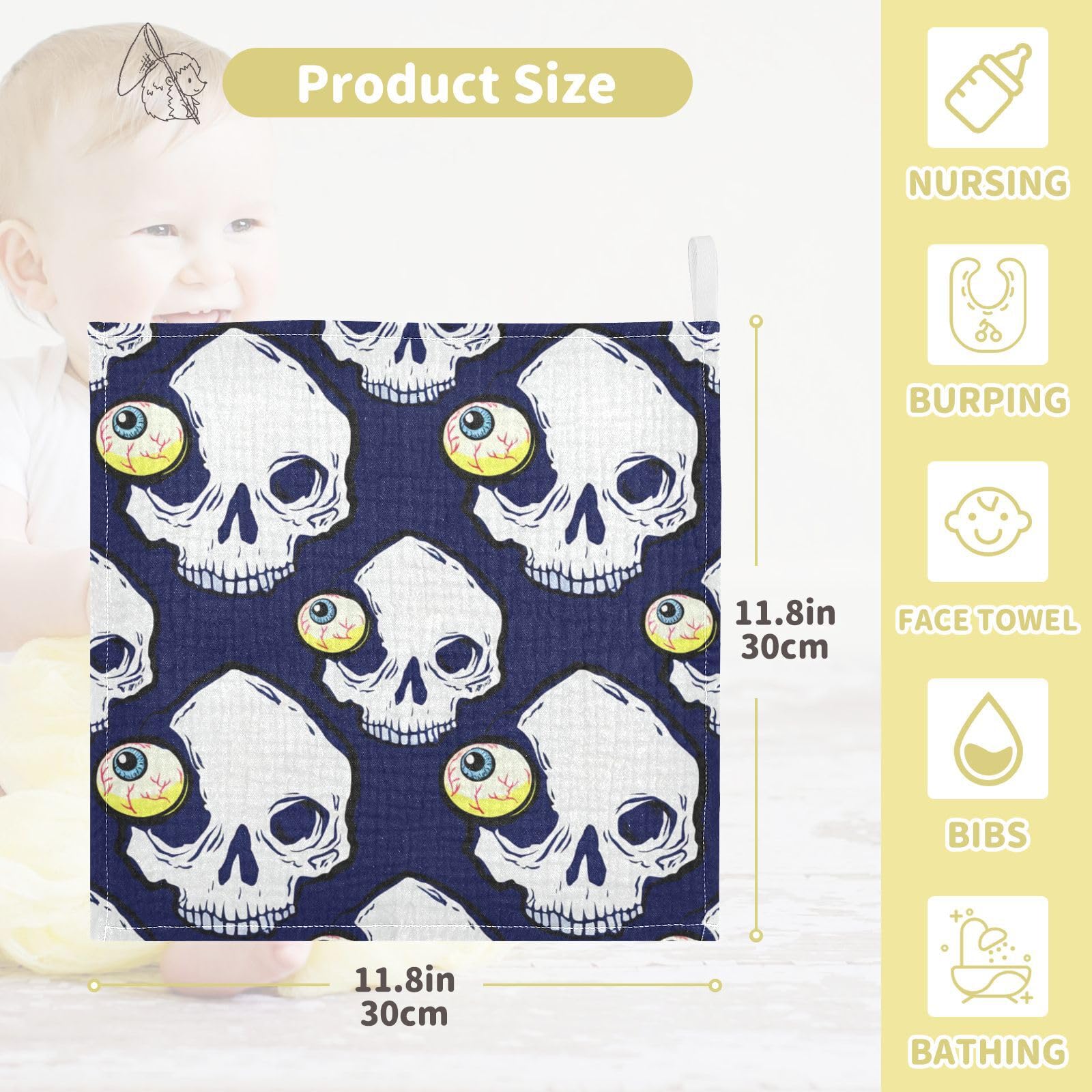 Nander 5Pack Baby Muslin Washcloths,Skull with Exploding Eyes Soft Face Cloths for Newborn, Absorbent Bath Wash Cloths, Wipes, Burp Rag,Toddlers Essentials Stuff, Baby Registry as Shower