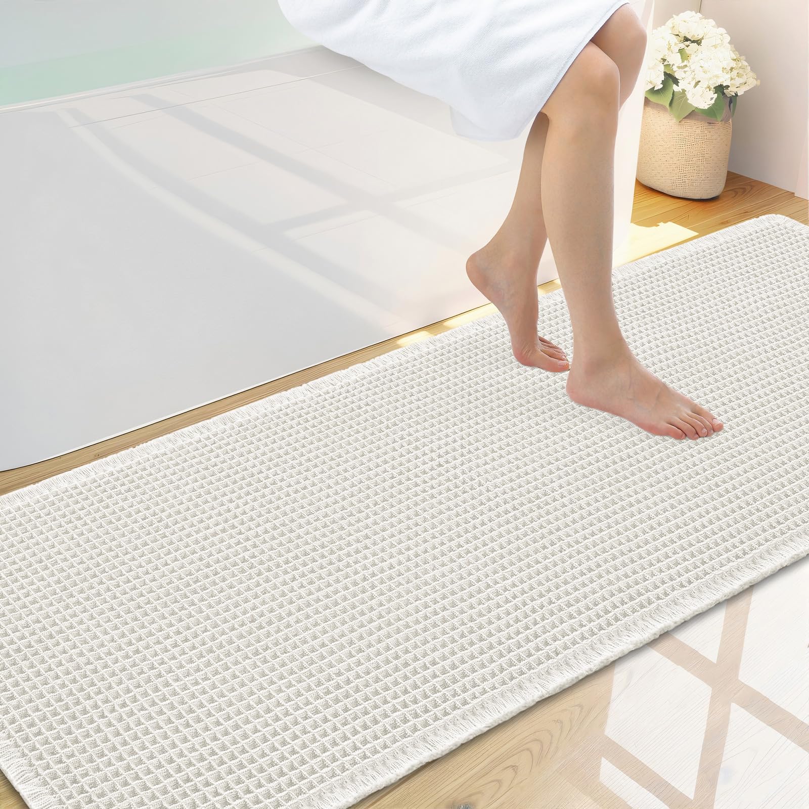 Smiry Waffle Bath Mat 59X20, Extra Soft Absorbent Bathroom Rugs, Off-White