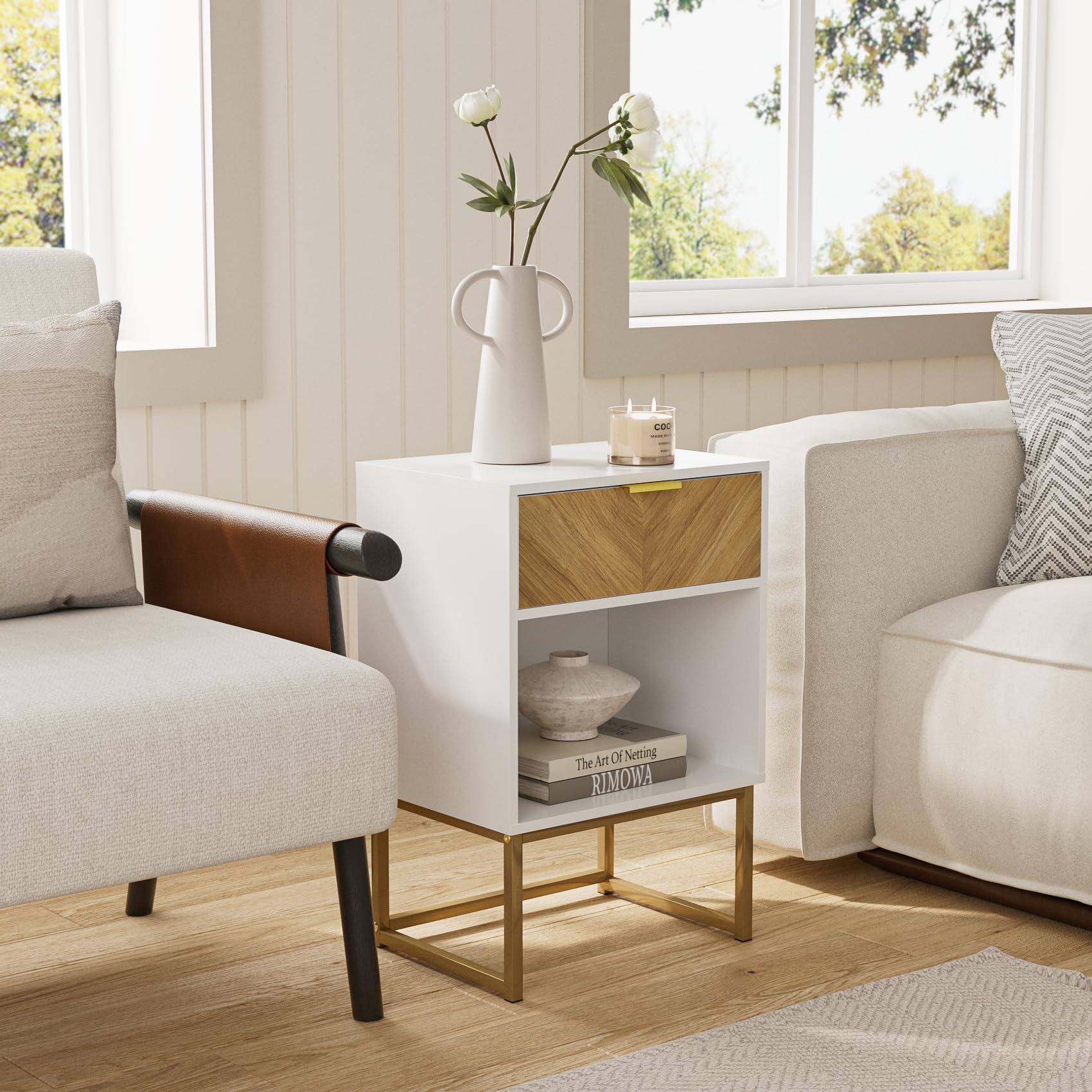 Masupu Night Stand,Bed Side Table Modern Nightstand Boho Wood with Storage Drawer Side End Table for Bedroom,Living Room,Office,White