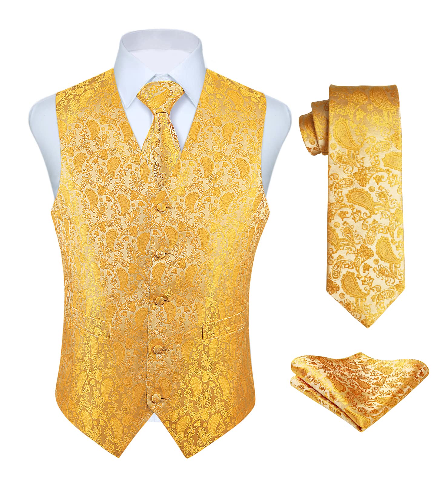 Enlision Men's Yellow Waistcoats Paisley Wedding Waistcoat Tie Pocket Square Jacquard Party Suit Vest Set 4XL