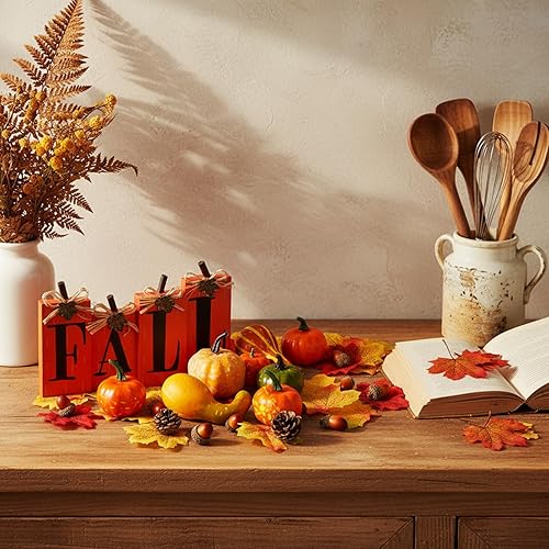 Miniatura 5 de Roowest Juego de 50 piezas de decoración de cosecha de calabazas de otoño, mini calabaza artificial, hojas de otoño, bellotas y 4 piezas de madera