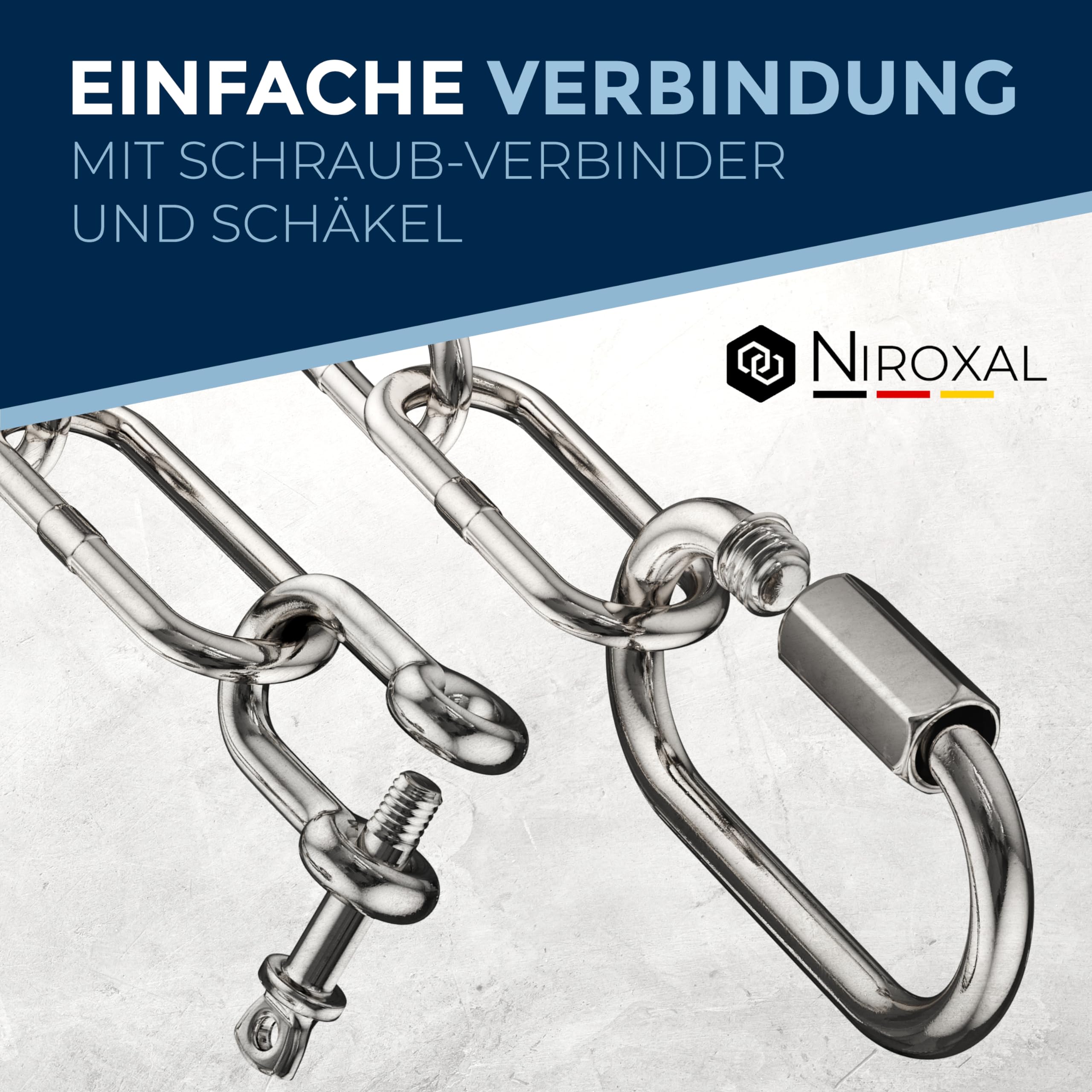 Edelstahl V4A (A4) Ketten Verlängerung 3 mm – 50 cm – 1 Ketten – inkl. 2 Schraubverbinder & 2 Schäkel – bis 350 kg