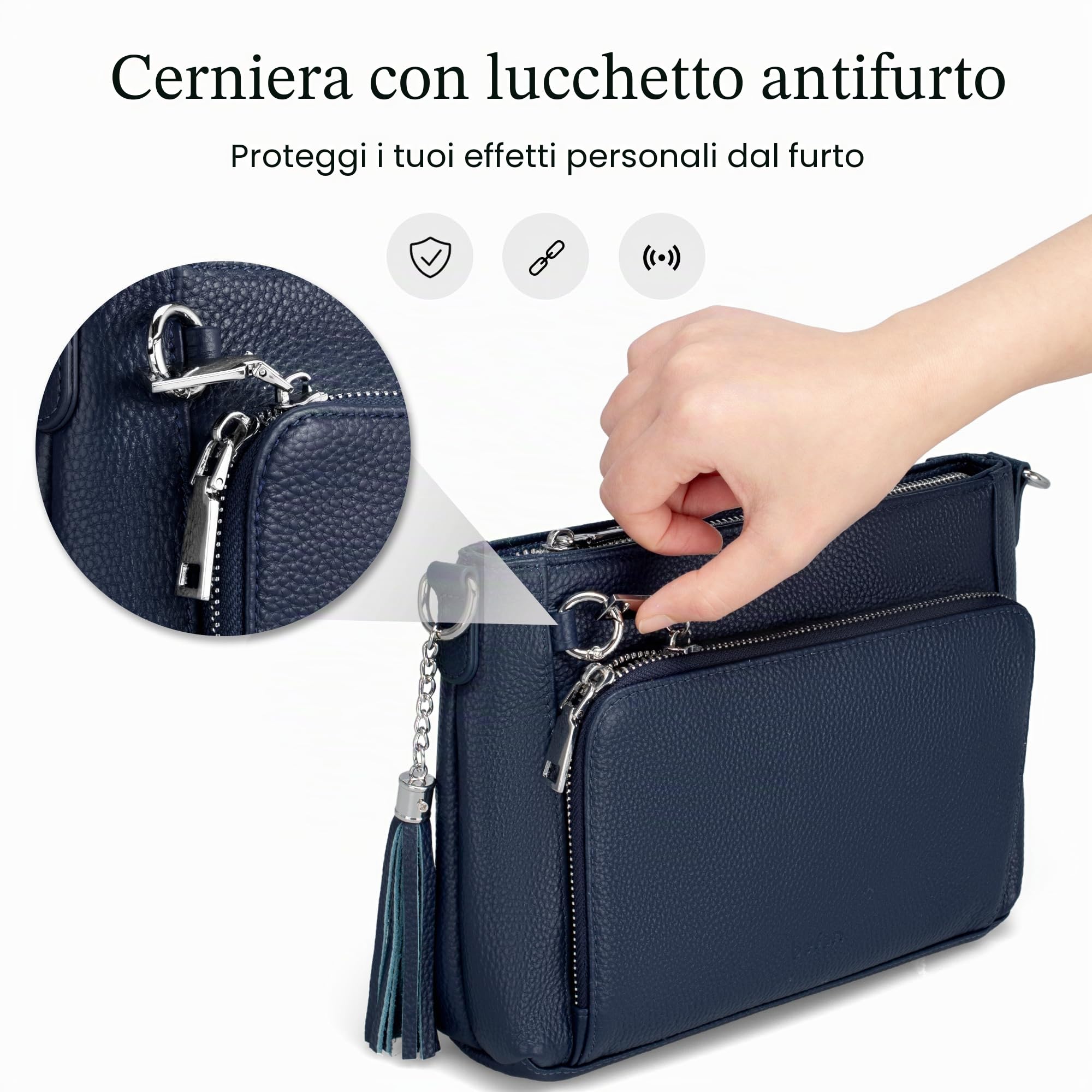 befen Borsa a Tracolla da Donna in Vera Pelle con Antifurto, Blocco RFID Borsa da Donna con Portafoglio Integrato, con Tracolla Regolabile e Staccabile