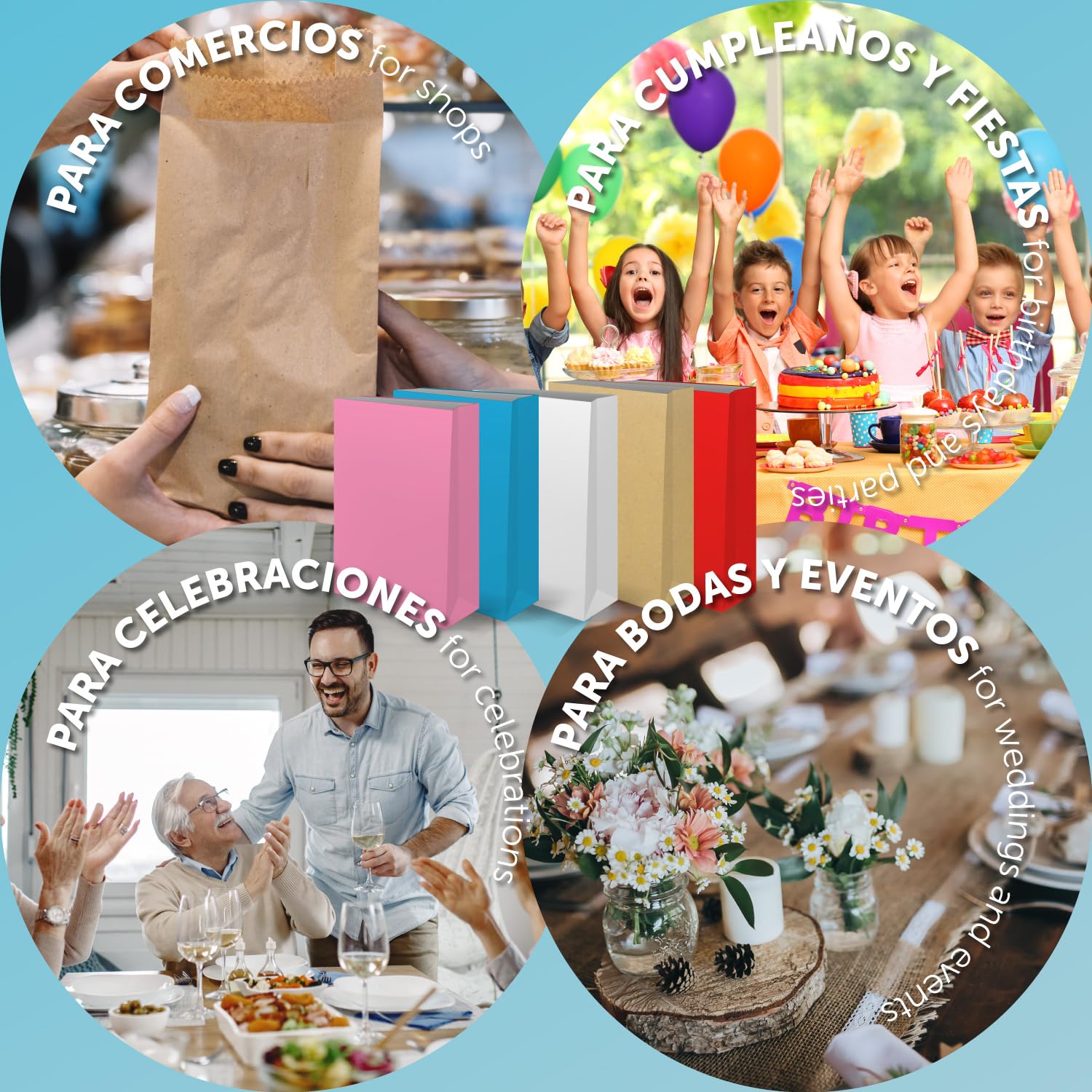 Bolsas de Papel, Bolsas Kraft de Papel, Bolsas para Regalos de Cumpleaños, Bolsas de Papel para Comercios de Alimentación, para Eventos o Manualidades · m-office (x500 unds mix, 150x300x60mm)