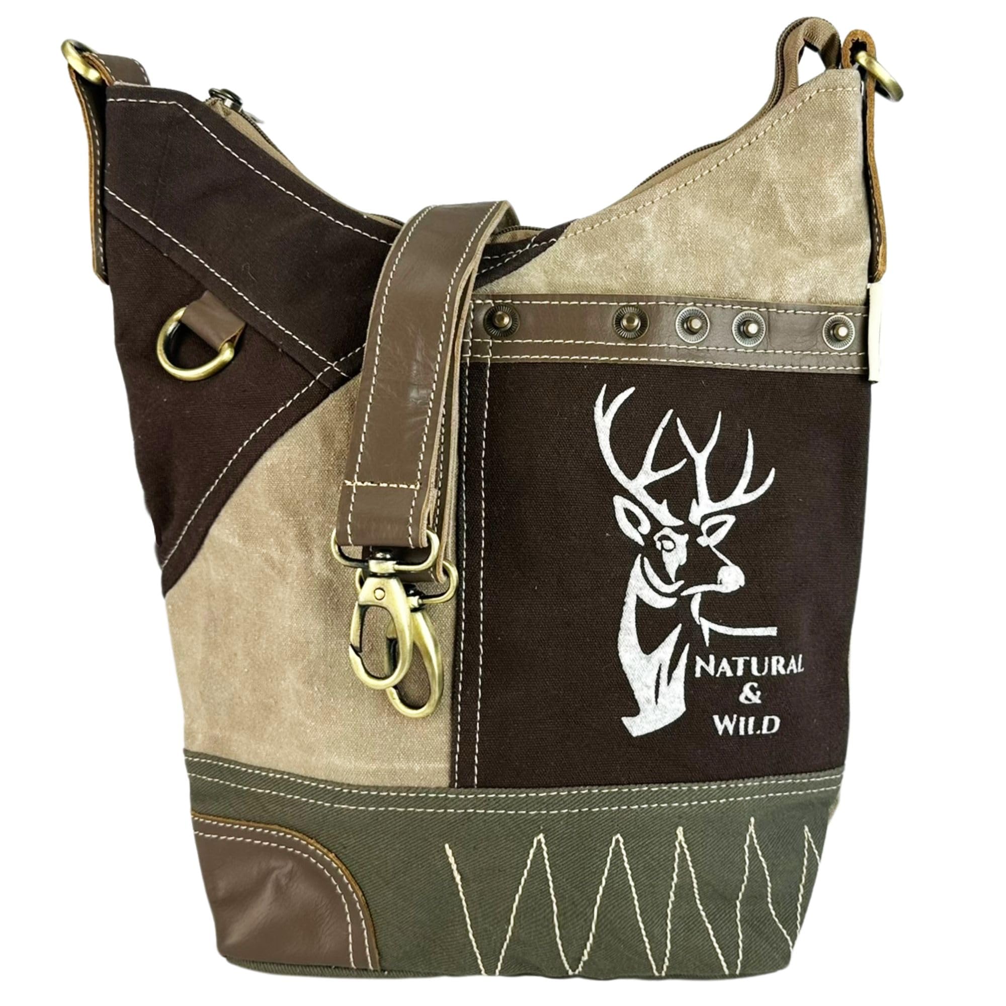 Sunsa Damen Umhängetasche aus Canvas & Leder. Hobo Tasche mit Reh Aufdruck