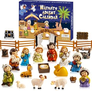 Nativity Advent Calendar 2025, 24pcs Resin Nativity Scene Figurines Set for Men Women Christmas Advent Countdown Calendar Christian Religious Gifts for Kids