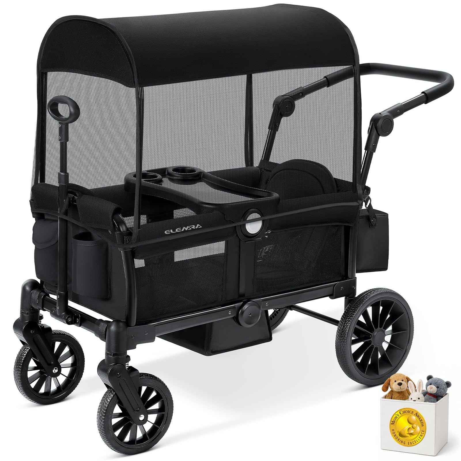 Photo 1 of ELEMARA Foldable Wagon Stroller, Stroller Wagon for 2 Kids, Premium All Terrain Wagon for Kids with Removable Canopy, Adjustable Push/Pull Handle, Harnesses, Large Storage Bag, Black