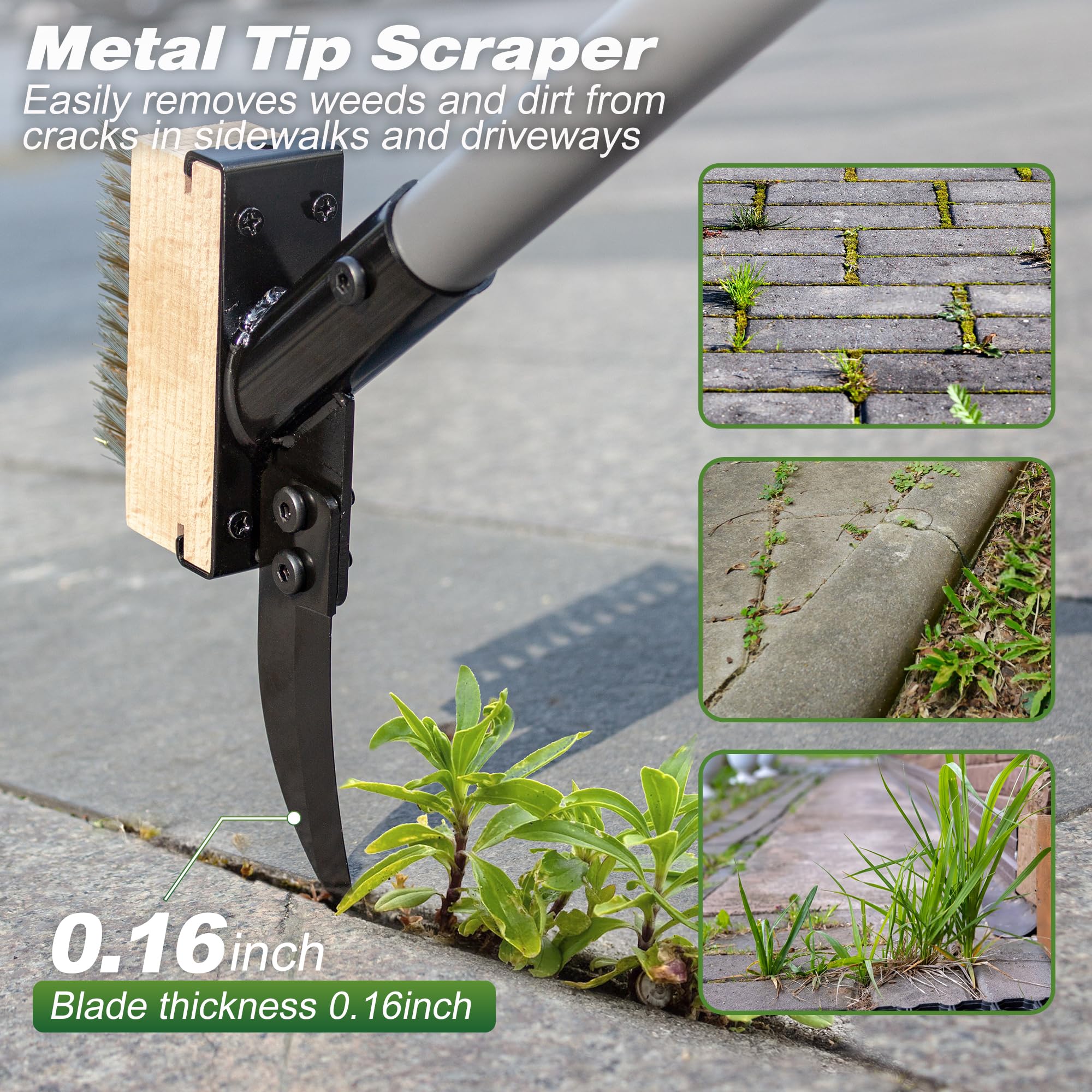 Walensee Brosse 3 en 1 pour désherbeur et mousse avec poignée réglable de 167,5 cm, brosse métallique avec 2 têtes remplaçables et grattoir pour terrasse, patio, allée, suceur plat