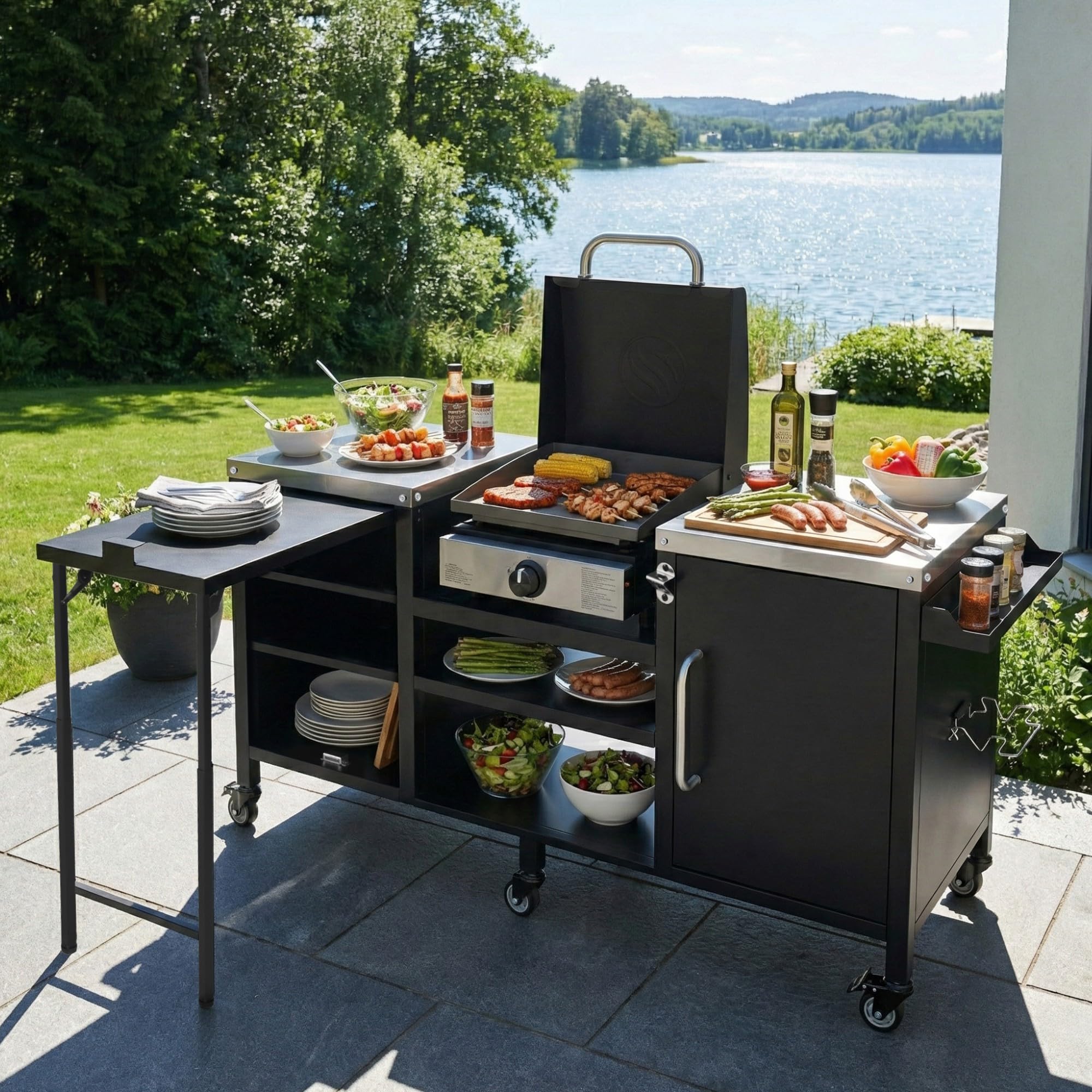 Merax 72.4" Large Grill Table for Large Big Green Egg, Metal Outdoor Grill Cart with Fold-Out Prep Table, Adjustable Shelves, Spice Rack, Outdoor Kitchen Island for Big Green Egg, Kamado Joe Classic