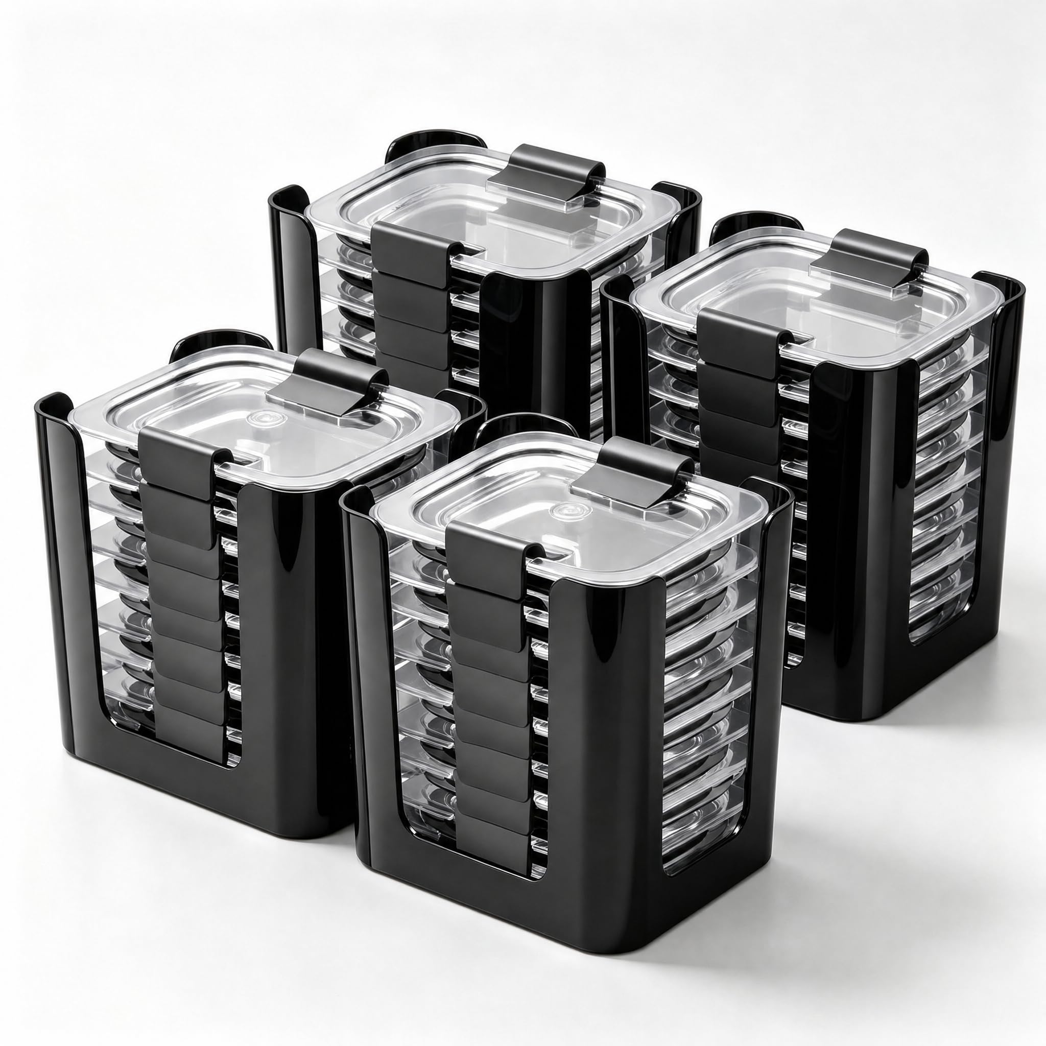 4 PCS Food Container Lid Organizer for Rubbermaid Brilliance Lid, Lid Organizers for Cabinet, Holds 32 Snap-On Lids, Stackable Kitchen Cabinet Organizer for 4.7 & 3.2,1.3 Cup Lids, Black