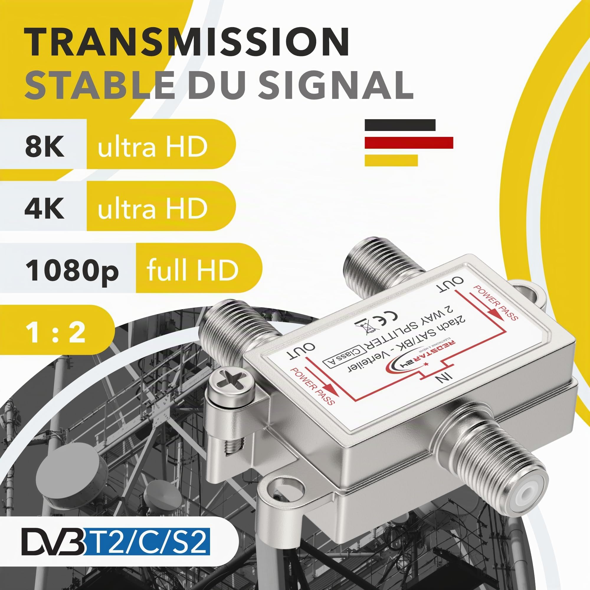 Redstar Répartiteur TV SAT 2 voies - Distributeur antenne satellite HDTV UHD 4K DVB-S/S2 DVB-T/T2 DVB-C/C2 boîtier blindé