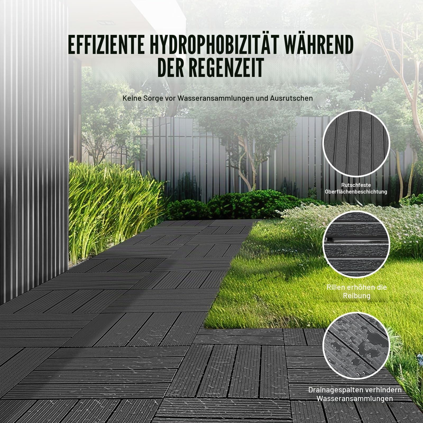 VEVOR Terrassenfliesen, 54er-Set, Balkonfliesen 30 x 30 cm, Klickfliesen, wasserdichter Kunststoff-Bodenbelag für den Außenbereich, Terrassenbodenbelag für Veranda, Pool, Balkon, Hinterhof, Dunkelgrau