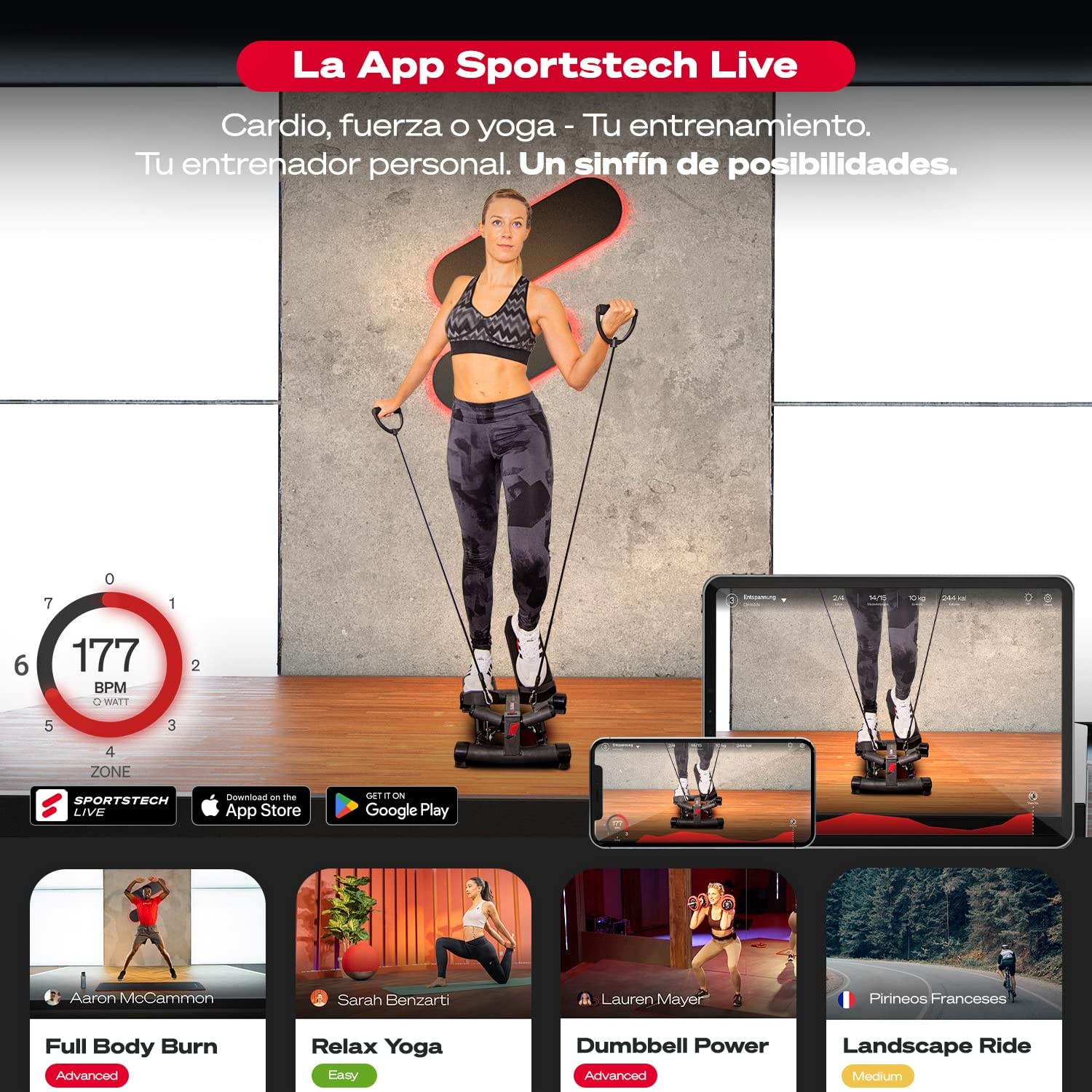 Sportstech STX300 Stepper Twister Stepper con Power Ropes - STX300 - Stepper giratorio y sidestepper para principiantes y avanzados, con pantalla, resistencia al entrenamiento en casa