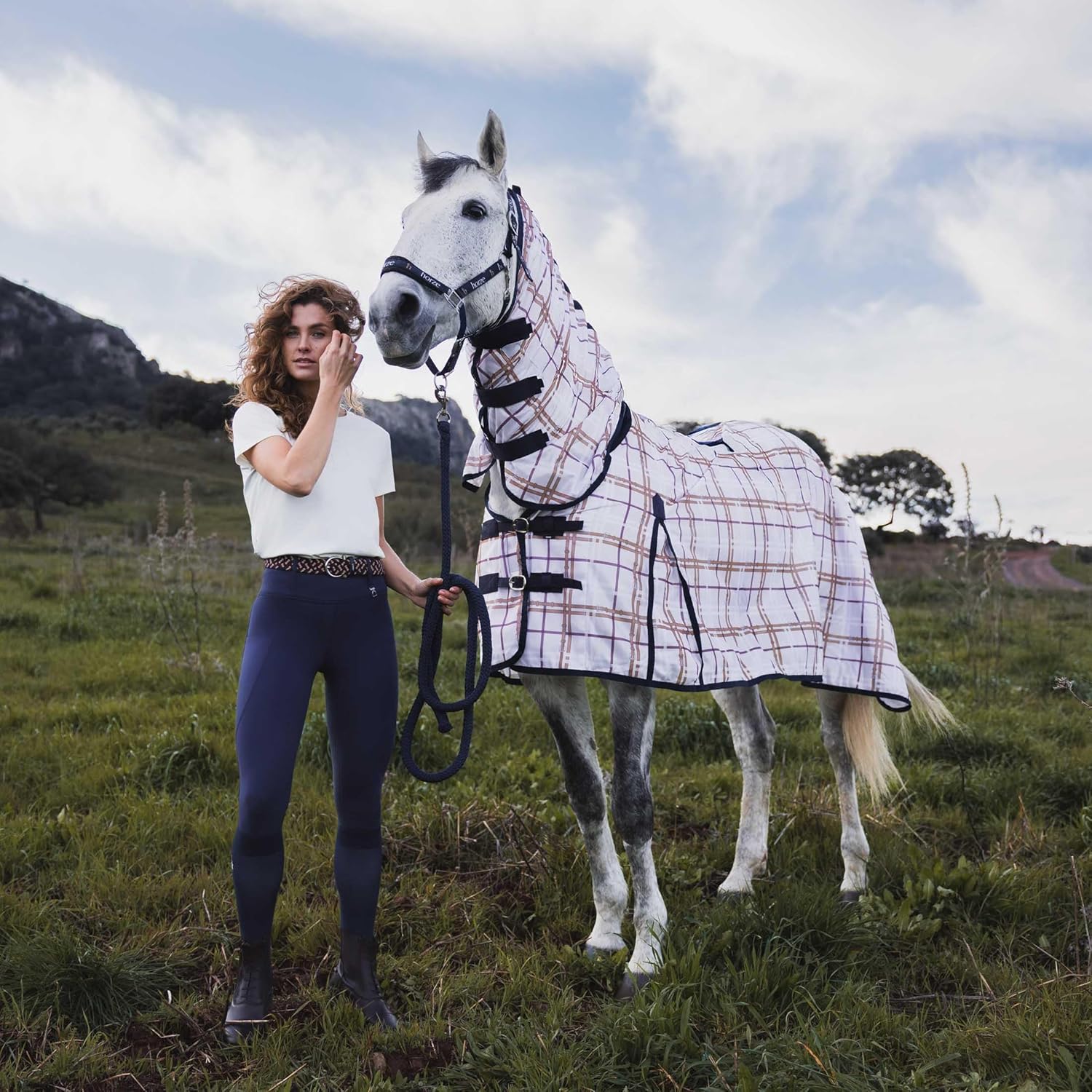 HORZE Defense Combo Fly Sheet - Checks Print Navy - 69 in