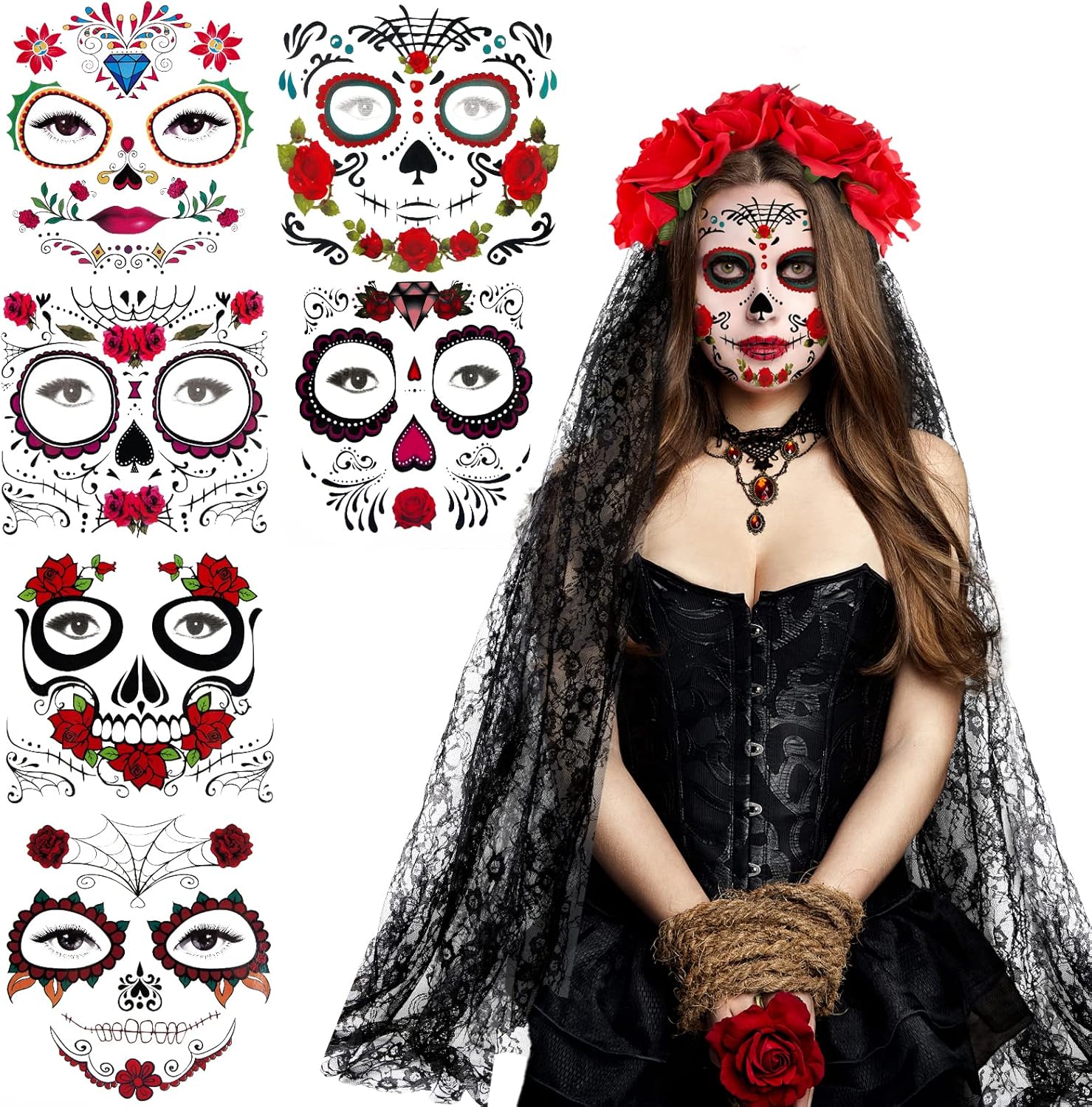 Accessoires Jour Des Morts Hanaoops - Bandeau Fleuri + Tatouages Temporaires - Pour Halloween Et Fêtes Déguisées
