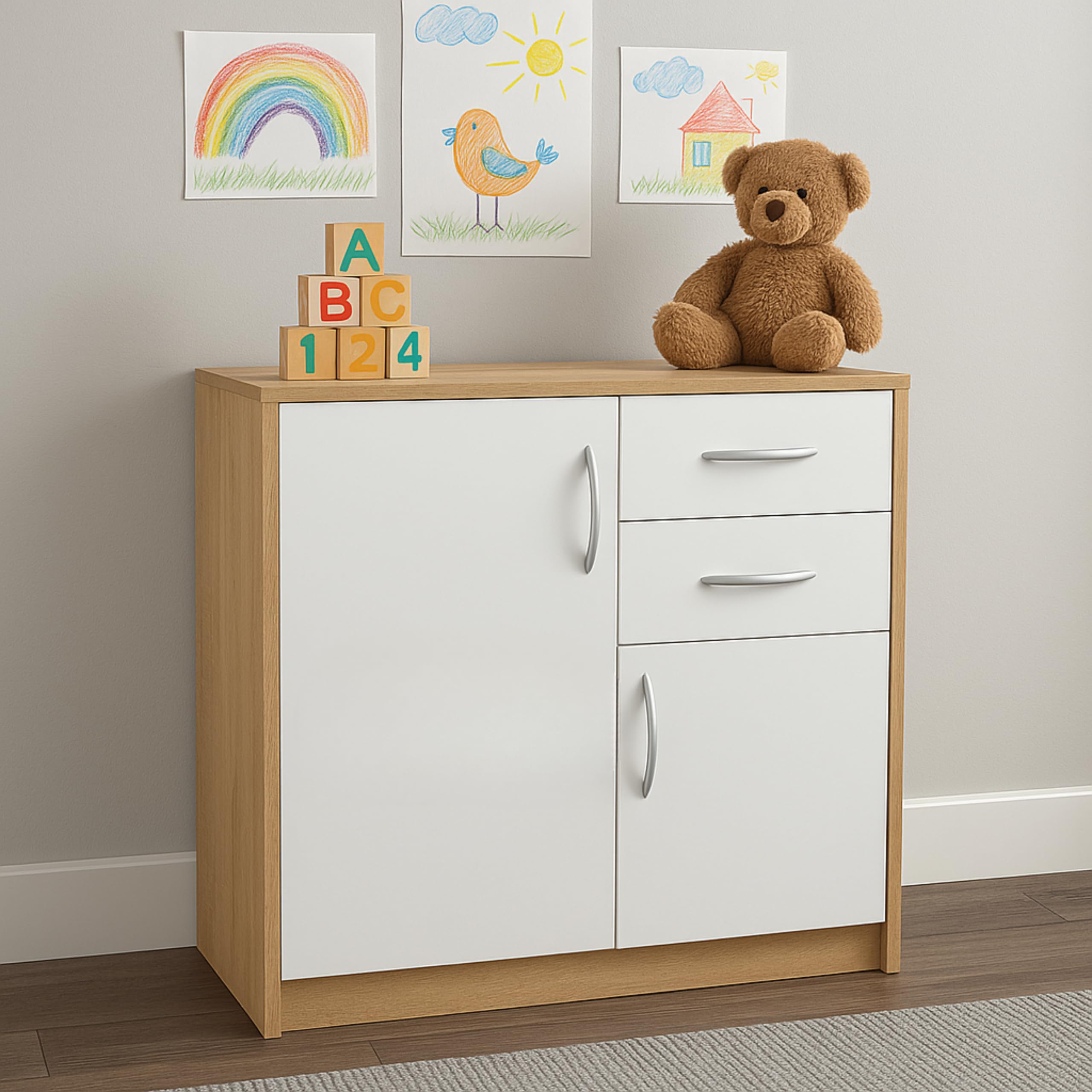 Meblando uniwersalna szafka 74 x 35 x 85 cm, komoda biała i dąb, szafka wielofunkcyjna na akta lub do korytarza, komoda z szufladami o szerokości 74 cm, szafka komodowa