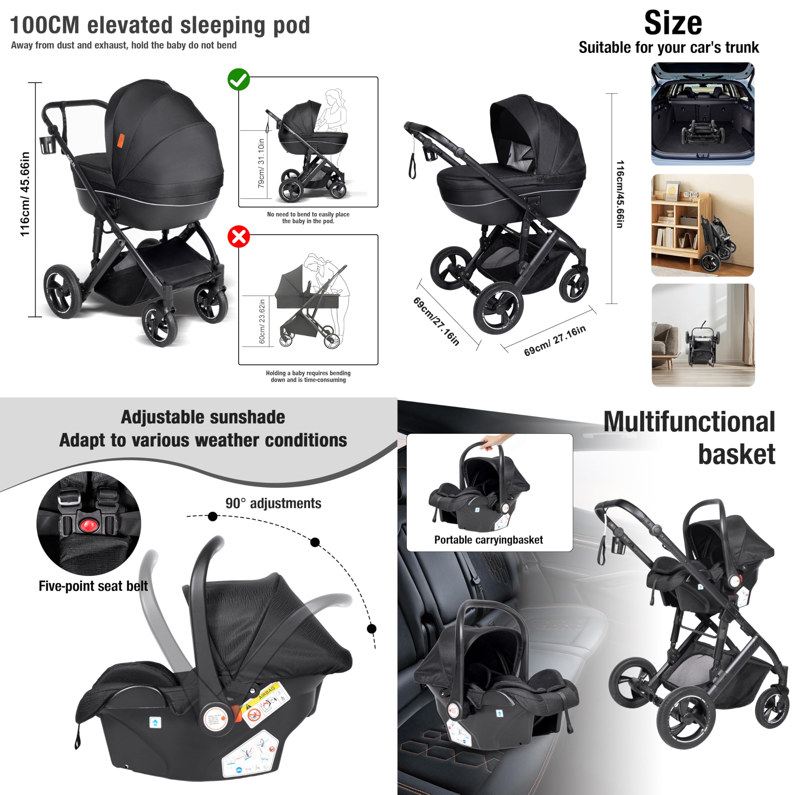 MoLi Wózek dziecięcy 4 w 1, wózek dziecięcy Trio z podwójnym trybem push, wózek dziecięcy dla niemowląt z dużą gondolą, składany aluminiowy wózek dziecięcy (H2, czarny)