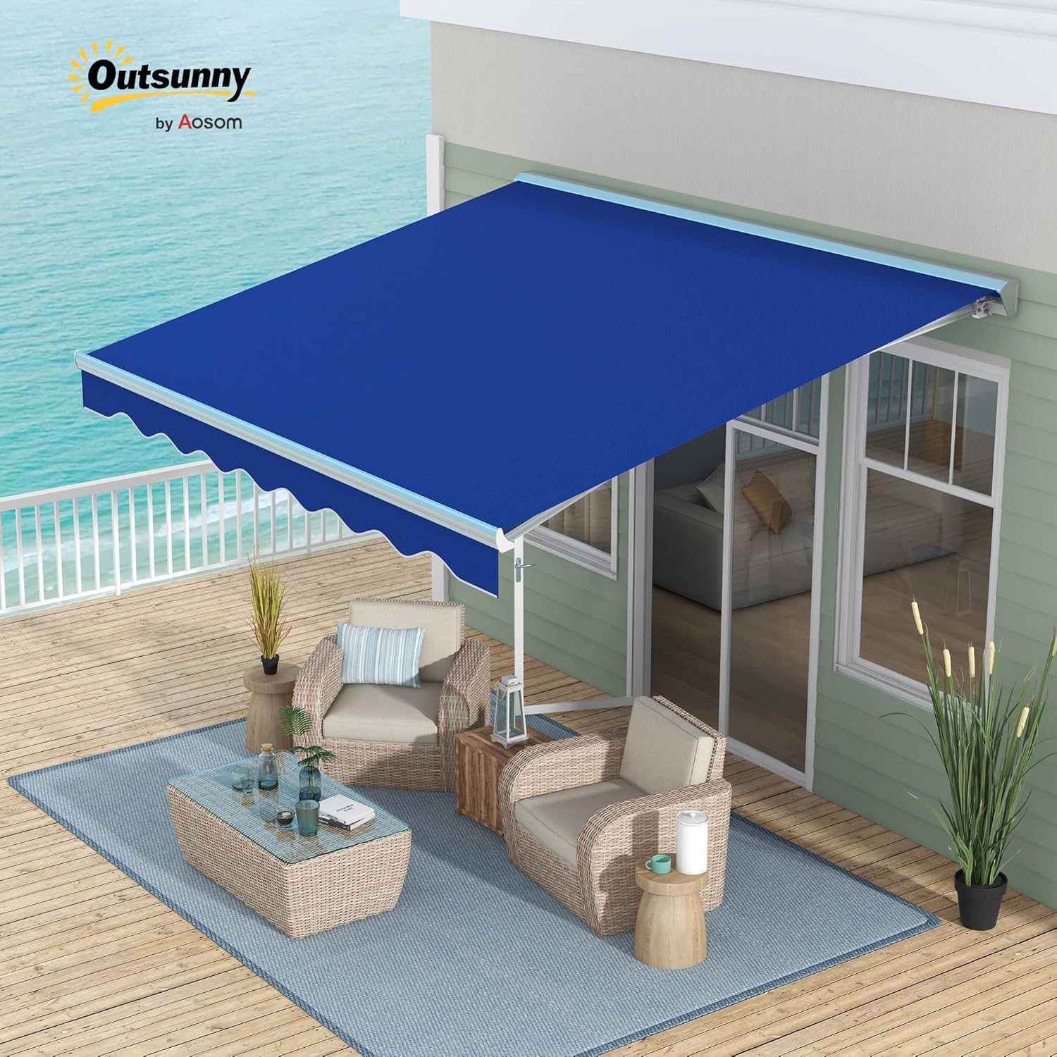 Outsunny 13' x 10' Electric Awning, Retractable Awning with Remote Controller and Crank Handle, UV40+ Sun Shade Shelter with LED Lights for Deck, Balcony, Yard, Blue