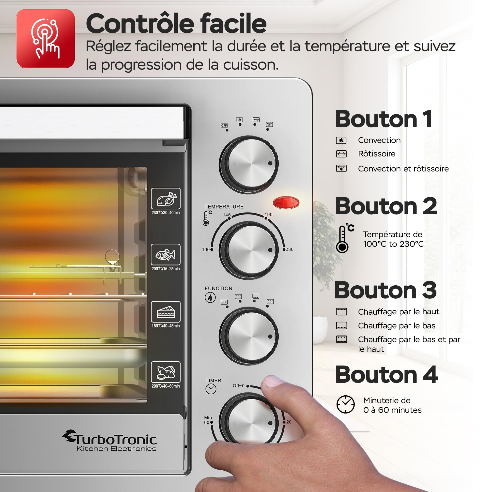 TurboTronic EVS38, Four électrique 38 L, Four posable à chaleur tournante, Mini four, 2000 W, 230°C, Argent