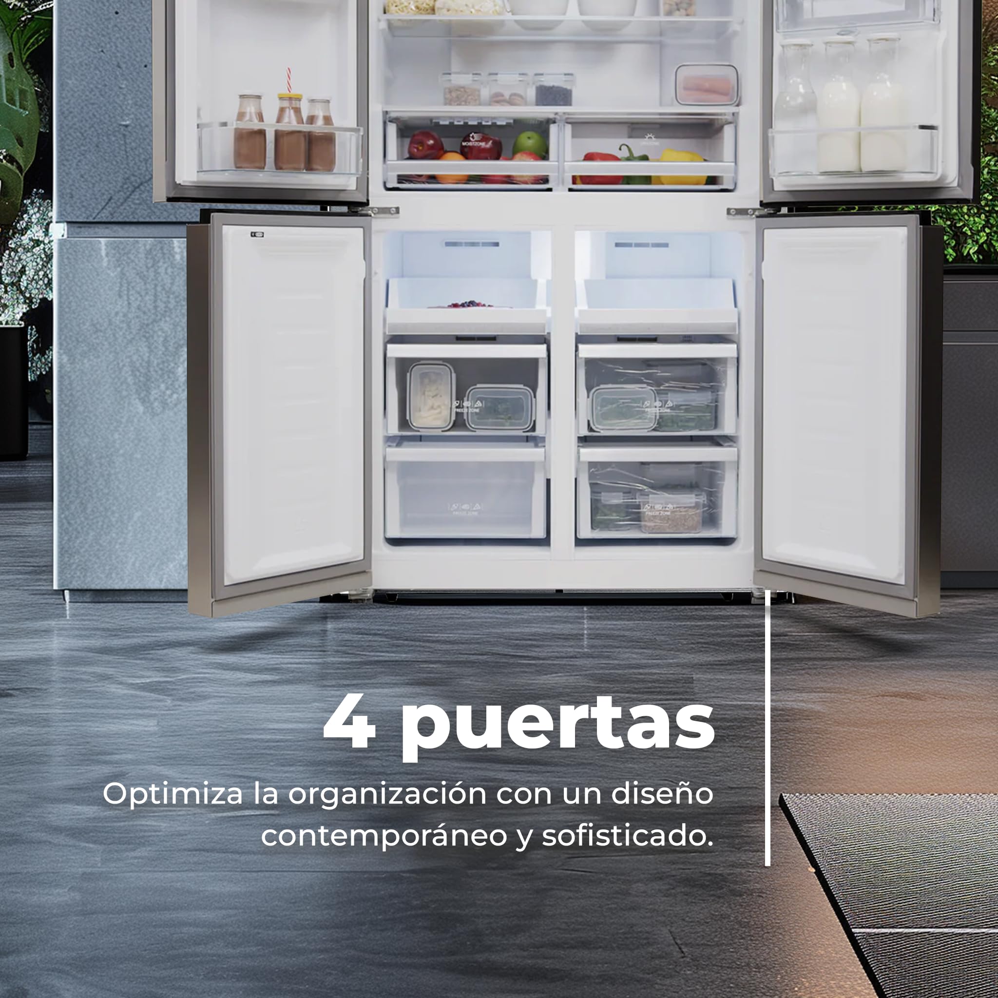 EVVO Frigorífico Americano 4 Puertas, Total No Frost, Compresor Inverter, Capacidad frigorífico 359L y 201L Nevera, Dispensador de Agua, Display Integrado, Modelo: F100 Glass Aqua (Acabado Negro)