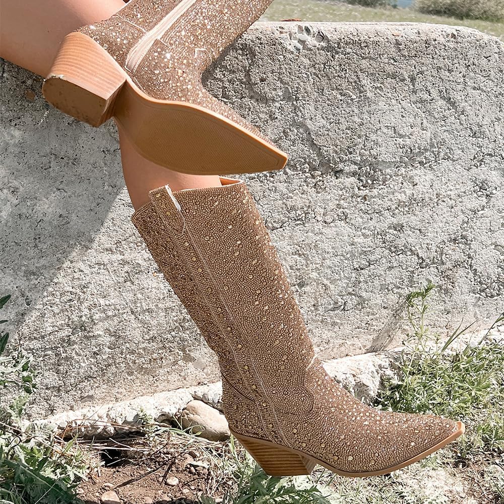 Women's Rhinestone Boots Wide Calf Cowgirl Western Mid Pointed... - Picture 13 of 30