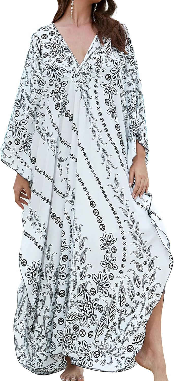 Yanziliu Women Kaftan Dresses Plus Size V-Neck Batwing Sleeves Beach Cover Up 2025 Summer Floral Print Caftan Dress