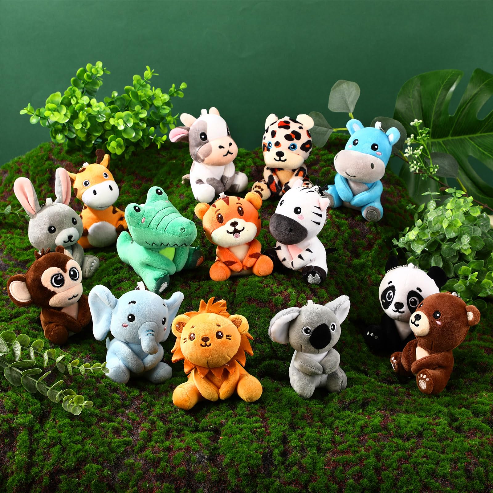 14 Pcs Mini Safari Stuffed Animals Bulk, 4 Inch Jungle Safari Party Favors Plush Toys with Keychain for Kids Birthday Gifts, Zoo Animal-Themed Decor,