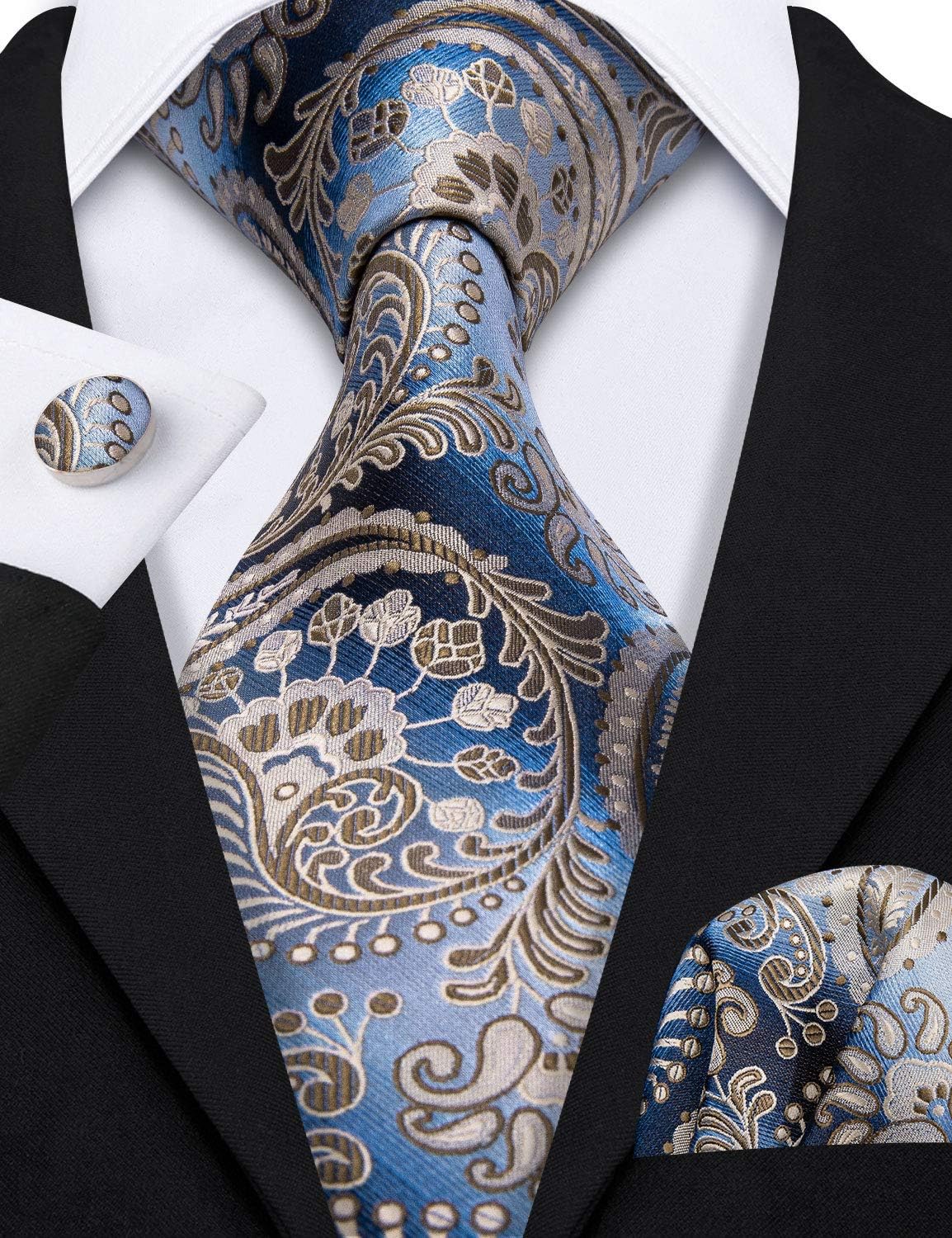 Barry.Wang Paisley Tie Fashion Set Hanky Cufflinks Neckties for Men Woven Silk - Image 8