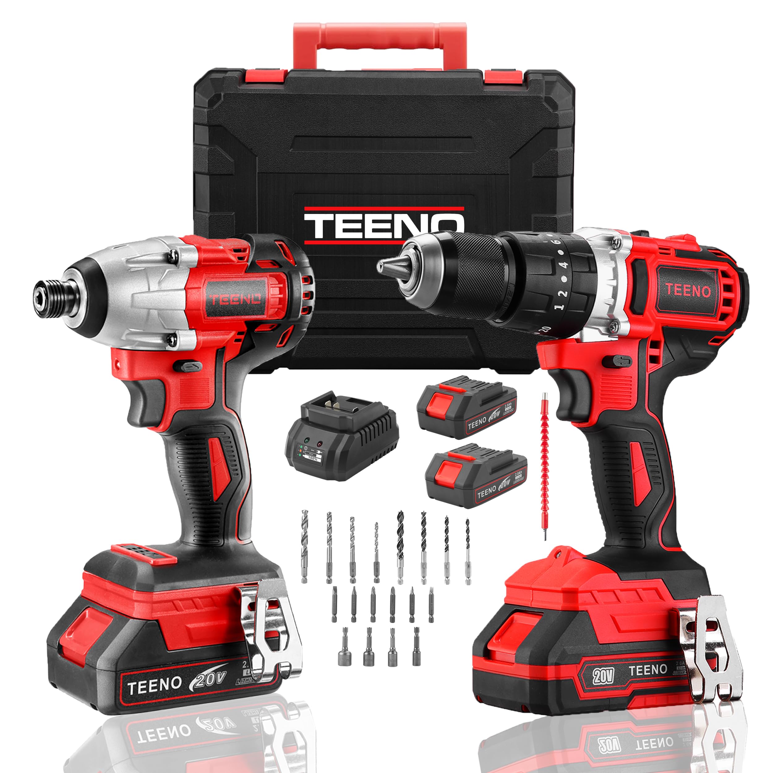 Kit Pistola de Impacto + Taladro Atornillador Percutor a Batería TEENO, 20V 90 Nm, 2 Baterías 2.0Ah, 20+3 Réglages de Couple, 25 Accesorios Profesionales