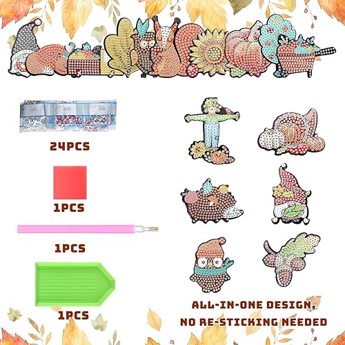 Miniatura 3 de Copkim Kit de 16 imanes de pintura de diamante 5D con temática de otoño, decoración de gnomos de Acción de Gracias, pintura de diamante, imanes para
