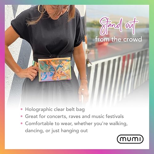 Miniatura 2 de MUMI Riñonera holográfica Cangurera iridiscente de plástico PVC transparente, 8 x 6 pulgadas, Claro, Holográfico