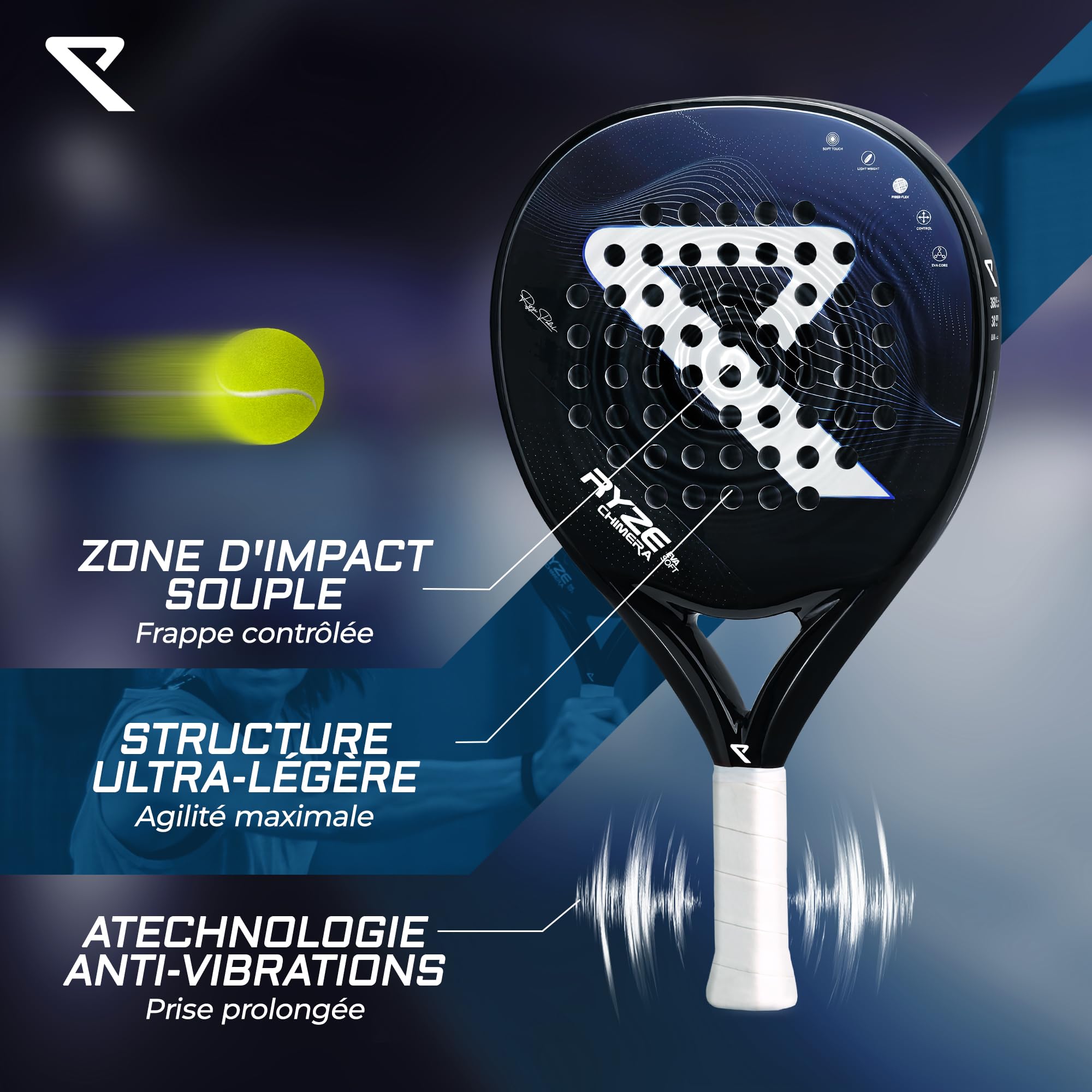 RYZE Chimera Raquette de Padel - Carbone & Fibre de Verre - Contrôle + Précision Maximum - Padel Raquette avec EVA-15 Flex - Structure Légère 360g - Paddle Raquette pour Homme et Femme - Étui Inclus
