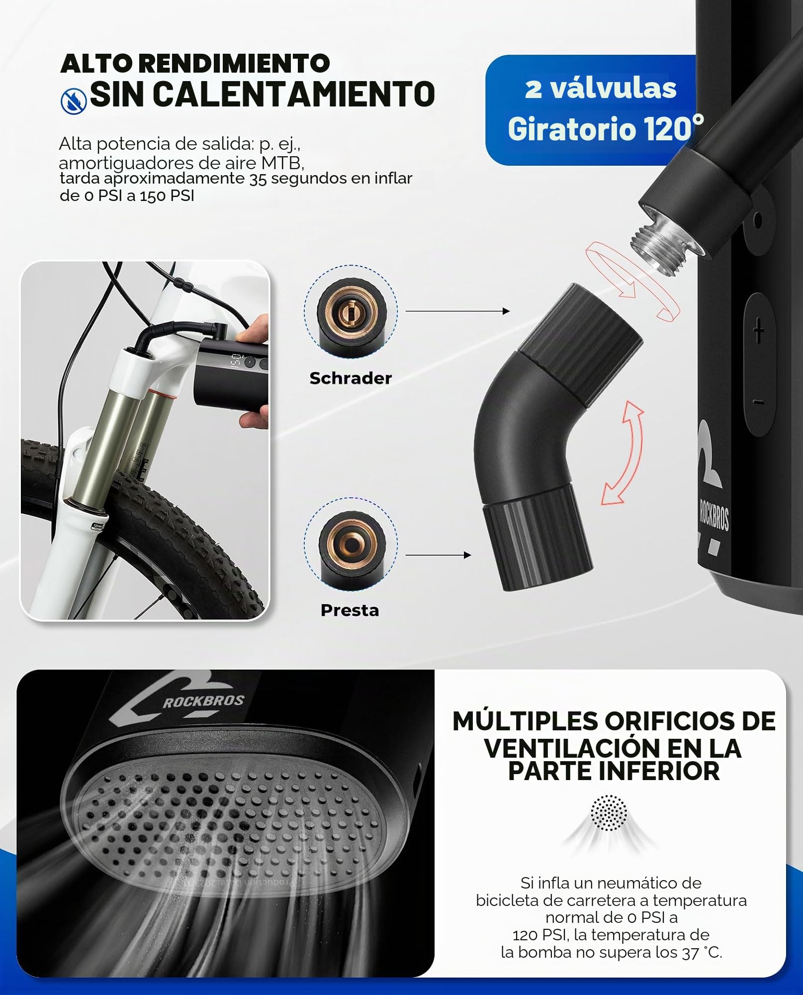 ROCKBROS Mini Bomba Eléctrica 150PSI Bomba de Aire Portátil con Pantalla 5000 mAh Inflador de Neumático Válvula Presta y Schrader para Bicicleta Pelotas