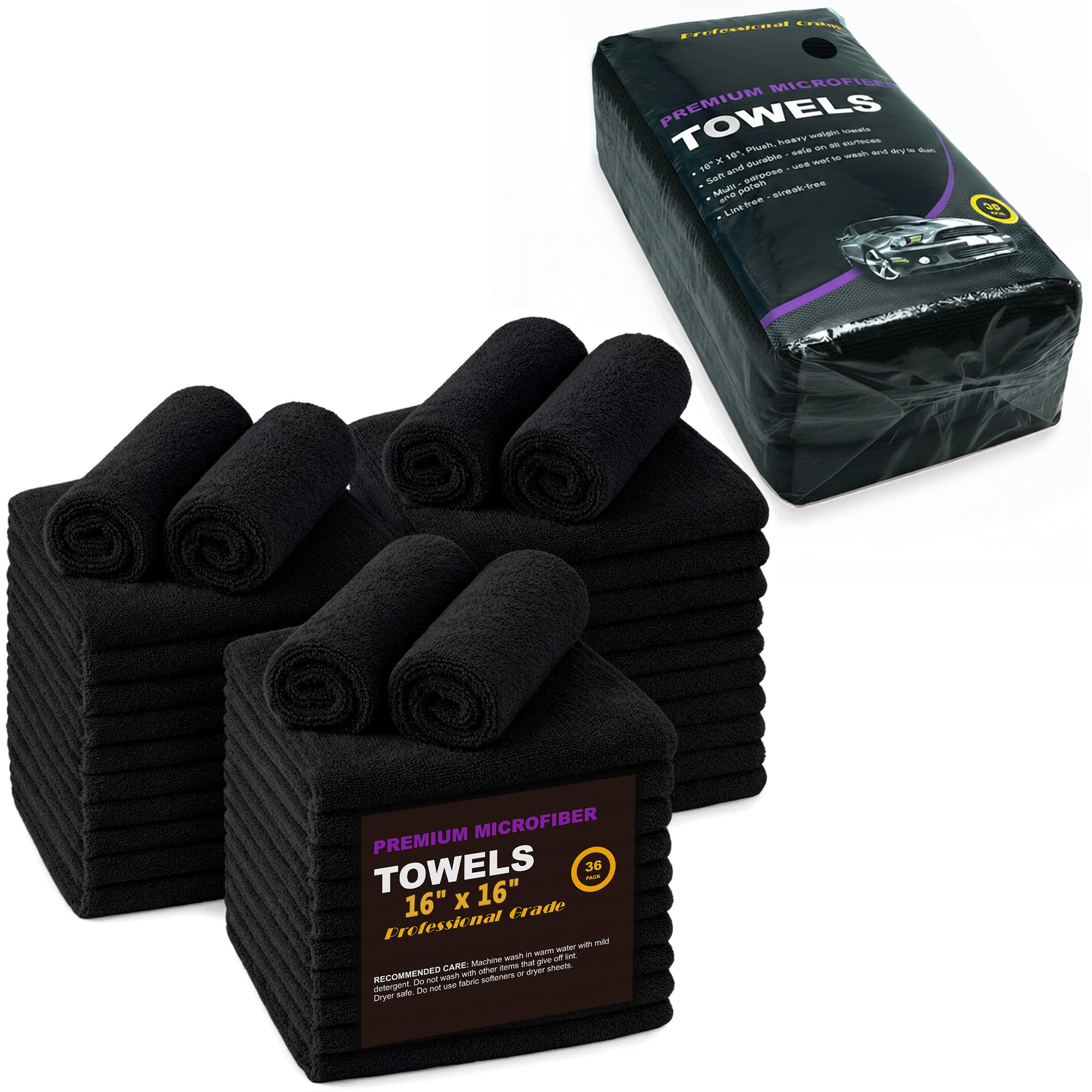Asciugamani per la pulizia in microfibra, 3 dozzine di articoli per uso domestico e commerciale, ultra morbidi, panni per la pulizia in microfibra per auto, casa e commerciale (nero, 40,6 x 40,6 cm)