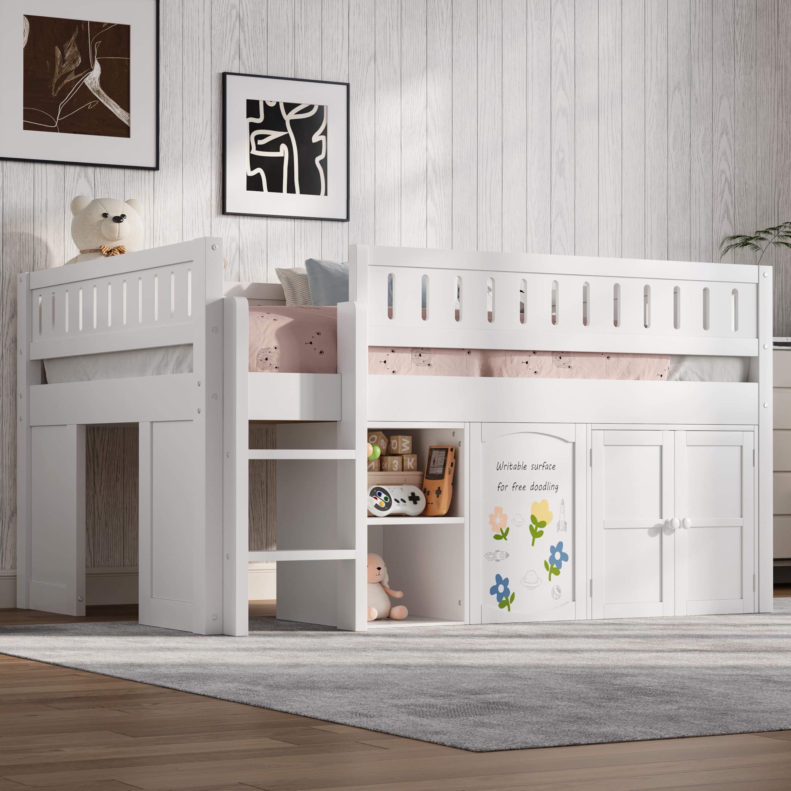 Full Size Loft Bed with Storage Cabinet and Chalkboard Panel, Solid Wood Frame - Space-Saving Design for Kids/Teens Bedroom (White-A1)