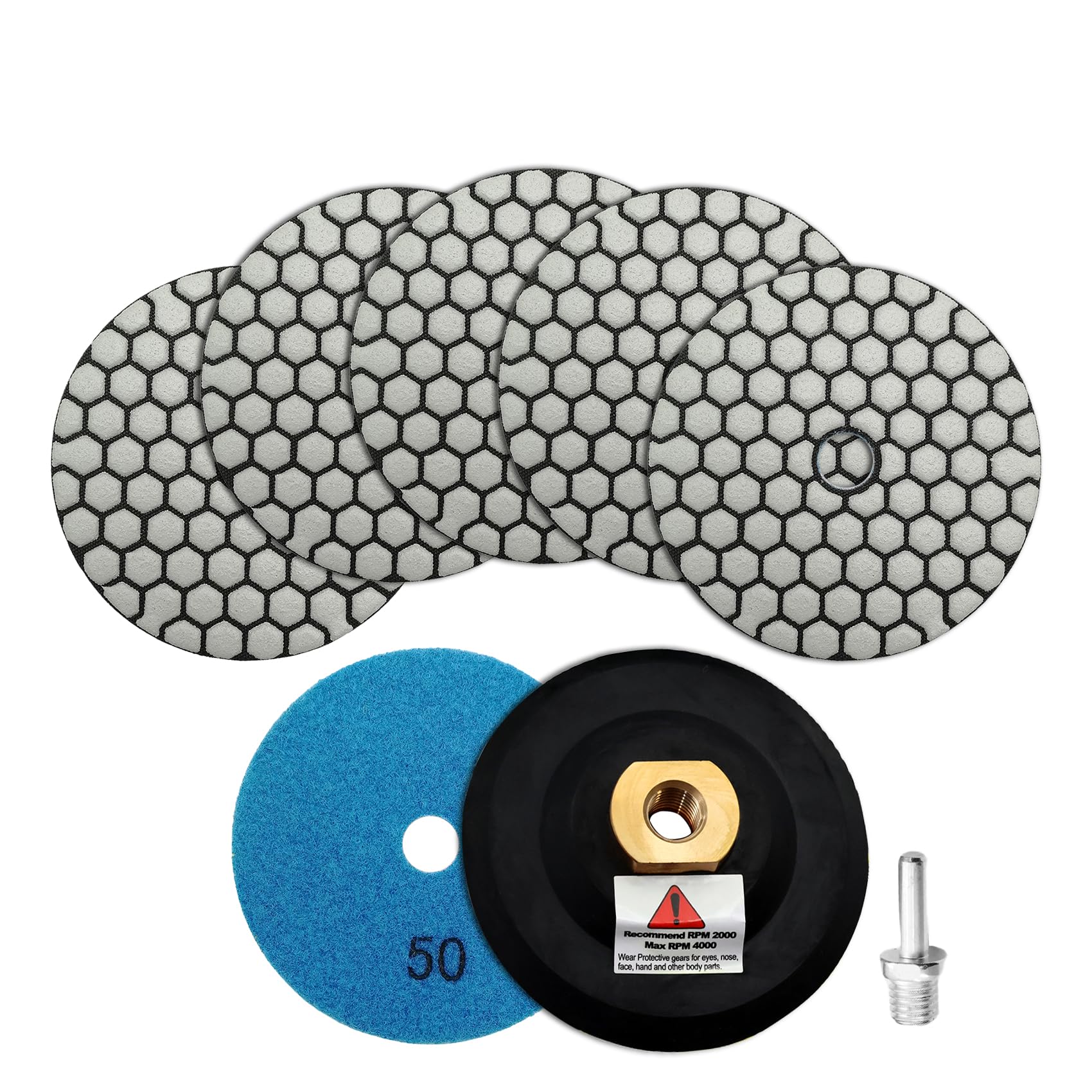 SHDIATOOL Trocken-Diamant-Polierpads Korn 50 6Stück und Gummi Backer Pad (1Set) Mit Rundschaft 100MM Beton Diamantschleifscheiben Marmor Granit Stein polieren