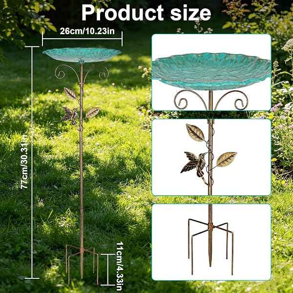 Vogelbad für Garten Metall Vintage Vogeltränke Stehend, Vogelbad Garten Stehend, Wassertränke für Vögel, Futter Vogelbad, Wildvögel Wassertränke mit Erdspieß für Draußen Garten Hof Rasen - 2