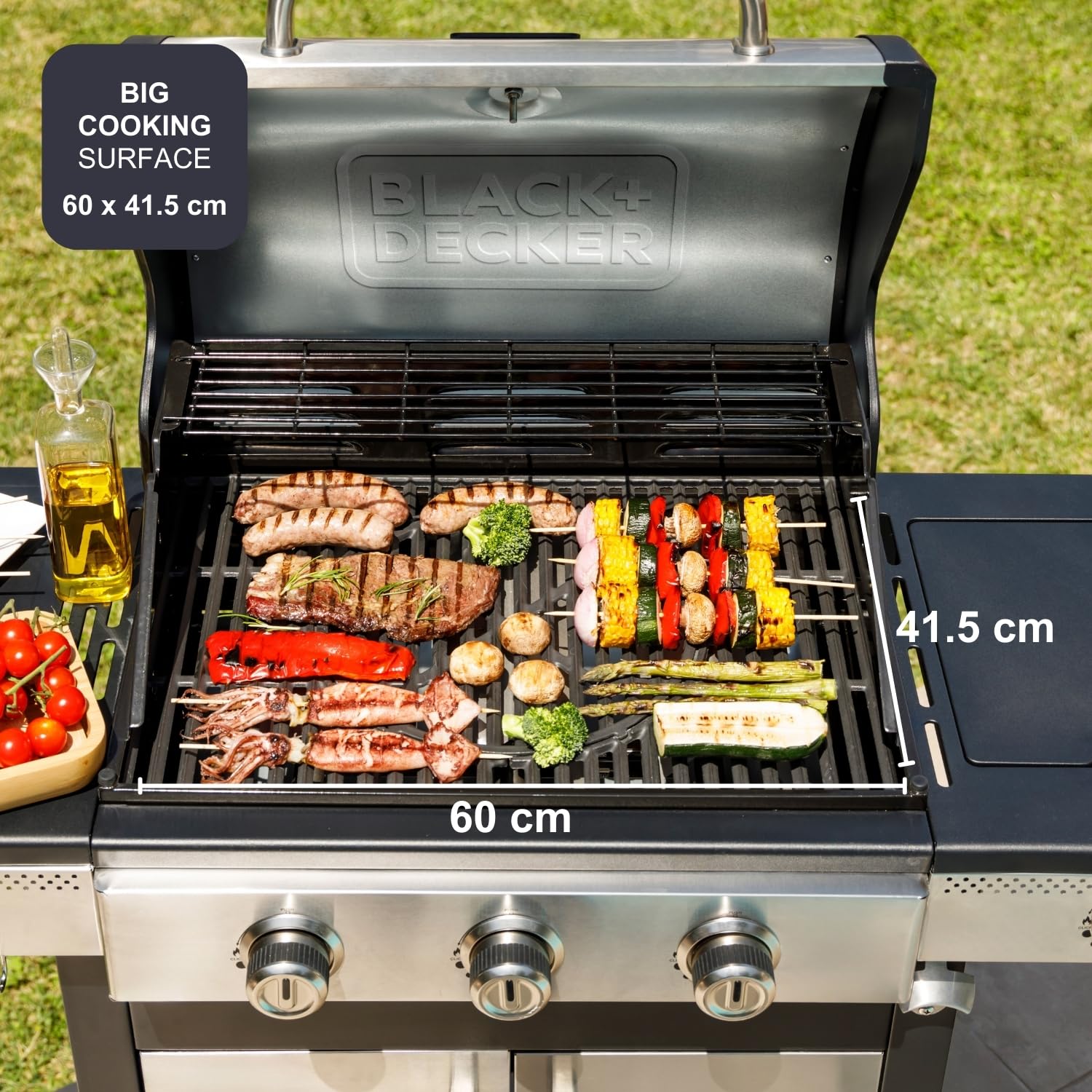 Black+Decker Barbecue à gaz BXOG12950E | 3 brûleurs 3,6 kW + côté 2,1 kW | Grille en fonte | Nettoyage facile | Thermomètre en acier inoxydable | Zone de cuisson flexible | Roulettes pivotantes