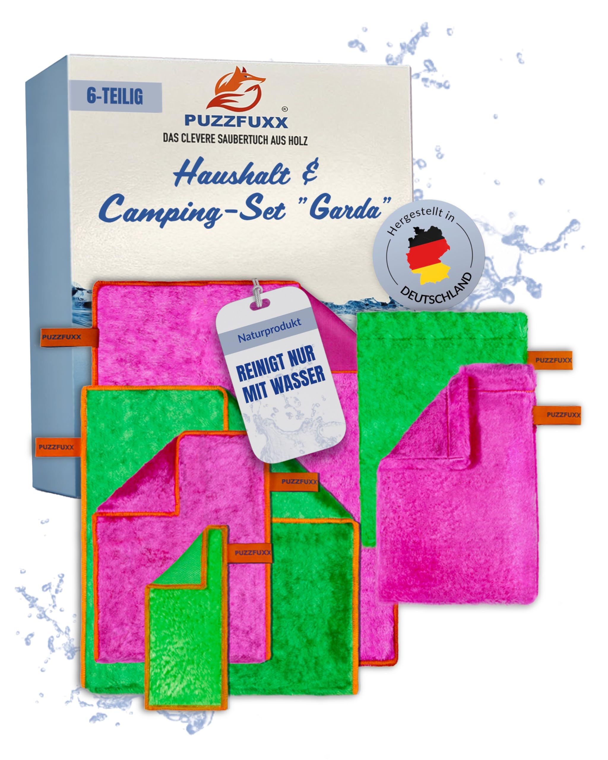 Haushalt & Camping Set 6-teilig, selbstreinigend, Garda | Campingset, Wohnmobil, Komplettset, Reiseset, Reinigungstuch, Waschhandschuh, Poliertuch, ohne Chemie, nachhaltig, Outdoor