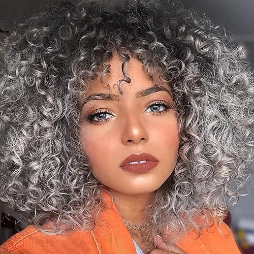 Pelucas afro cortas y rizadas grises para mujeres negras, peluca de color gris degradado con flequillo, pelo sintético resistente al calor para uso