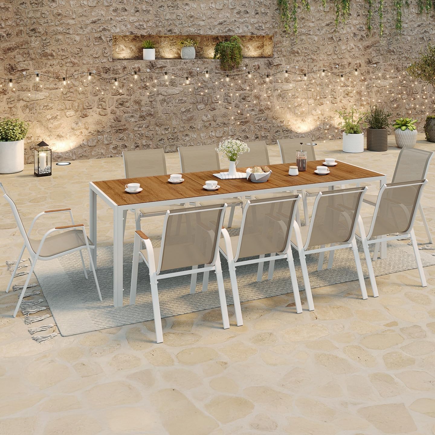 IDMarket - Salon de Jardin NOUMEA Table 240 cm Plateau Verre trempé Effet Bois et 10 chaises empilables Blanc et Bois