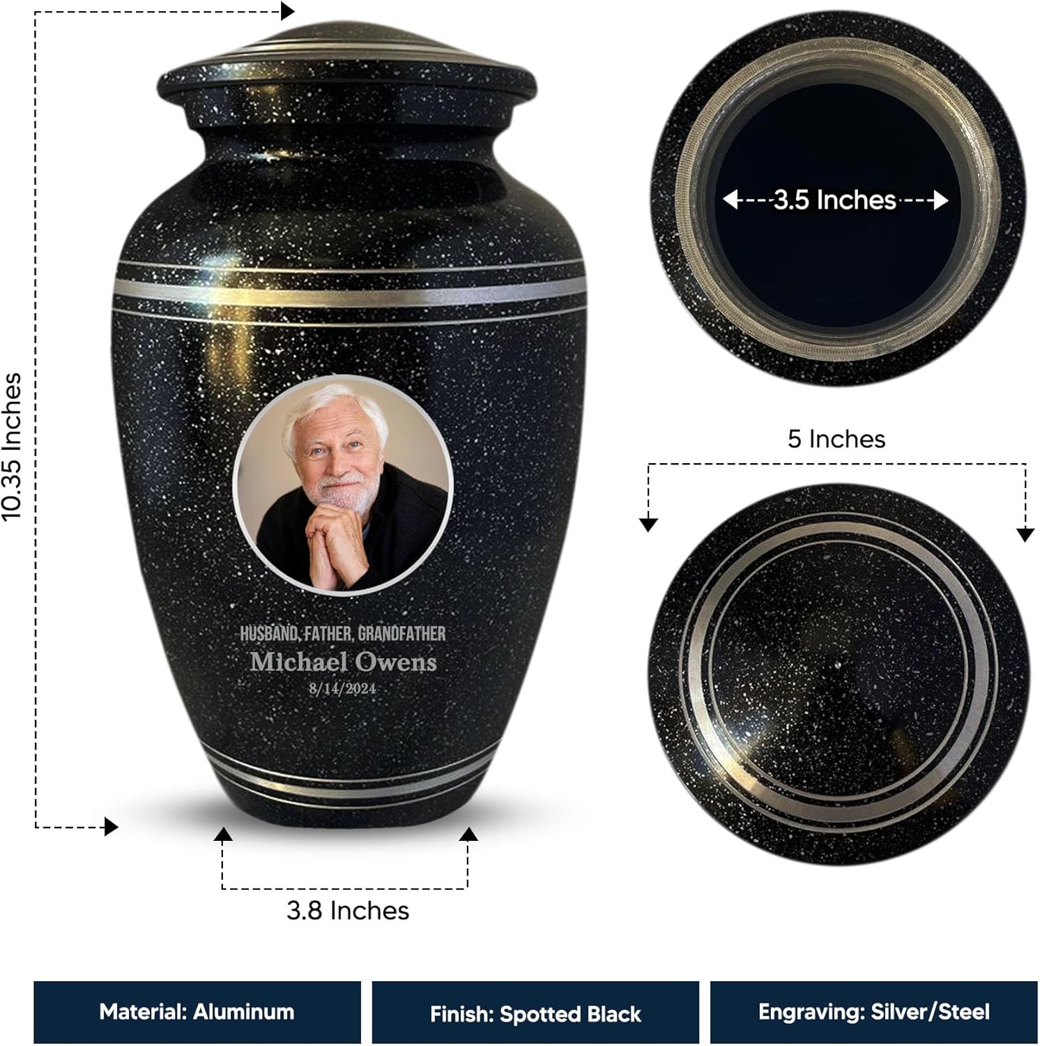 Personalized Custom Photo Human Cremation Urn for Adult Ashes Engraved Aluminum Cremation Vessel with Full Color Photo | 10.35" x 6.75" Urn for Human Remains Up to 200 Lbs | Spotted Black