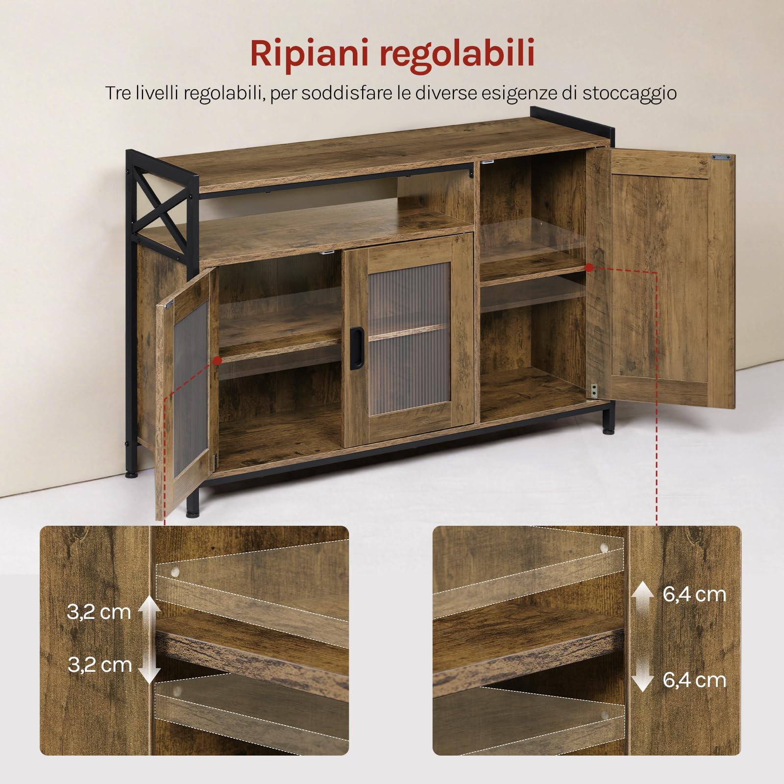 WOLTU Credenza Cucina con 3 Ante, Mobile Buffet Salvaspazio con 2 Ripiani Regolabile, in Legno e Metallo, per Cucina, Soggiorno, Ingresso, 110x33x75 cm, Effetto Legno Marrone