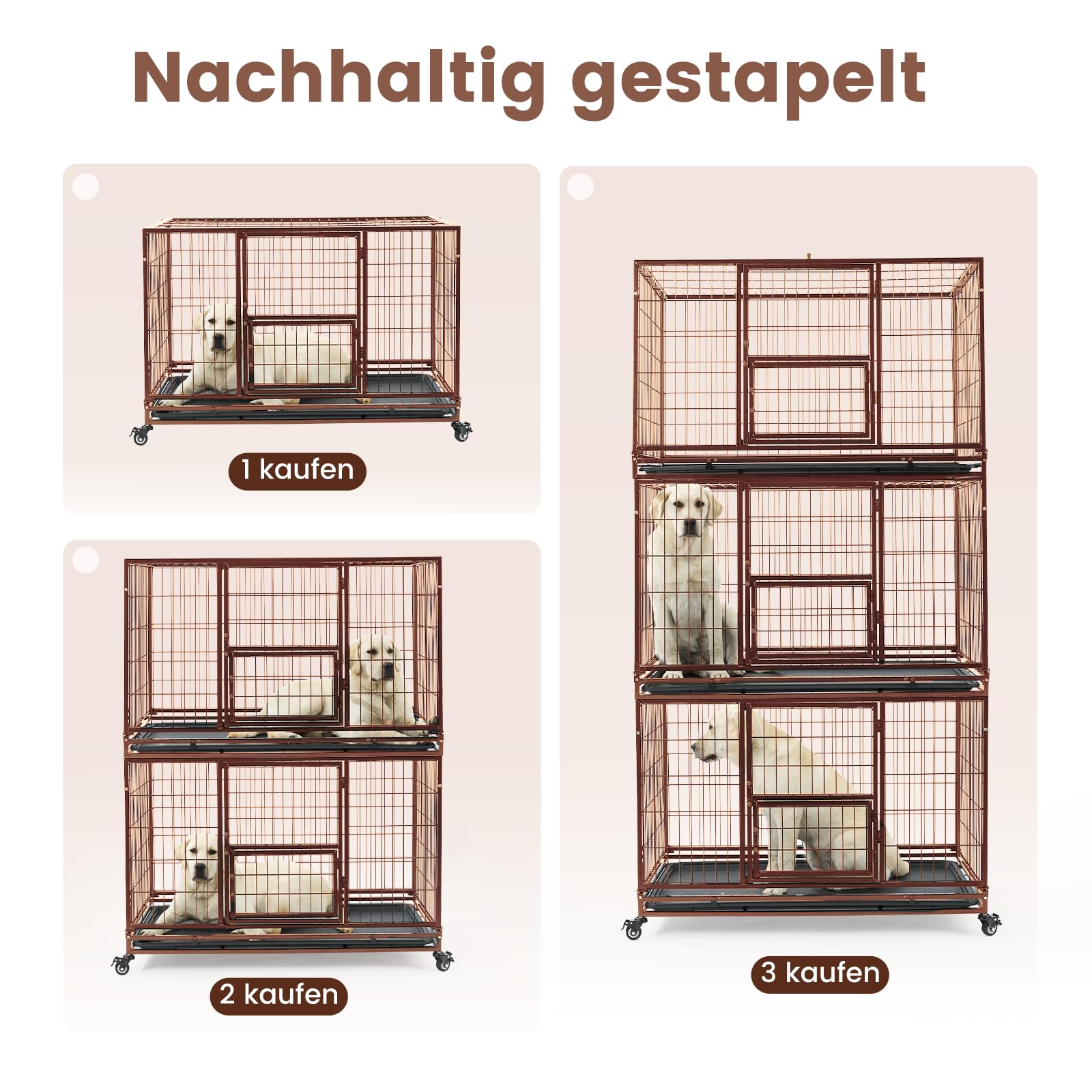 Gardner Pet Hundekäfig faltbar, 82 x 52 x 56 cm, Braun | 3 Türen, Transportkäfig für kleine Hunde mit Höhenangst, Feststellbare Räder, Herausnehmbare Bodenschale
