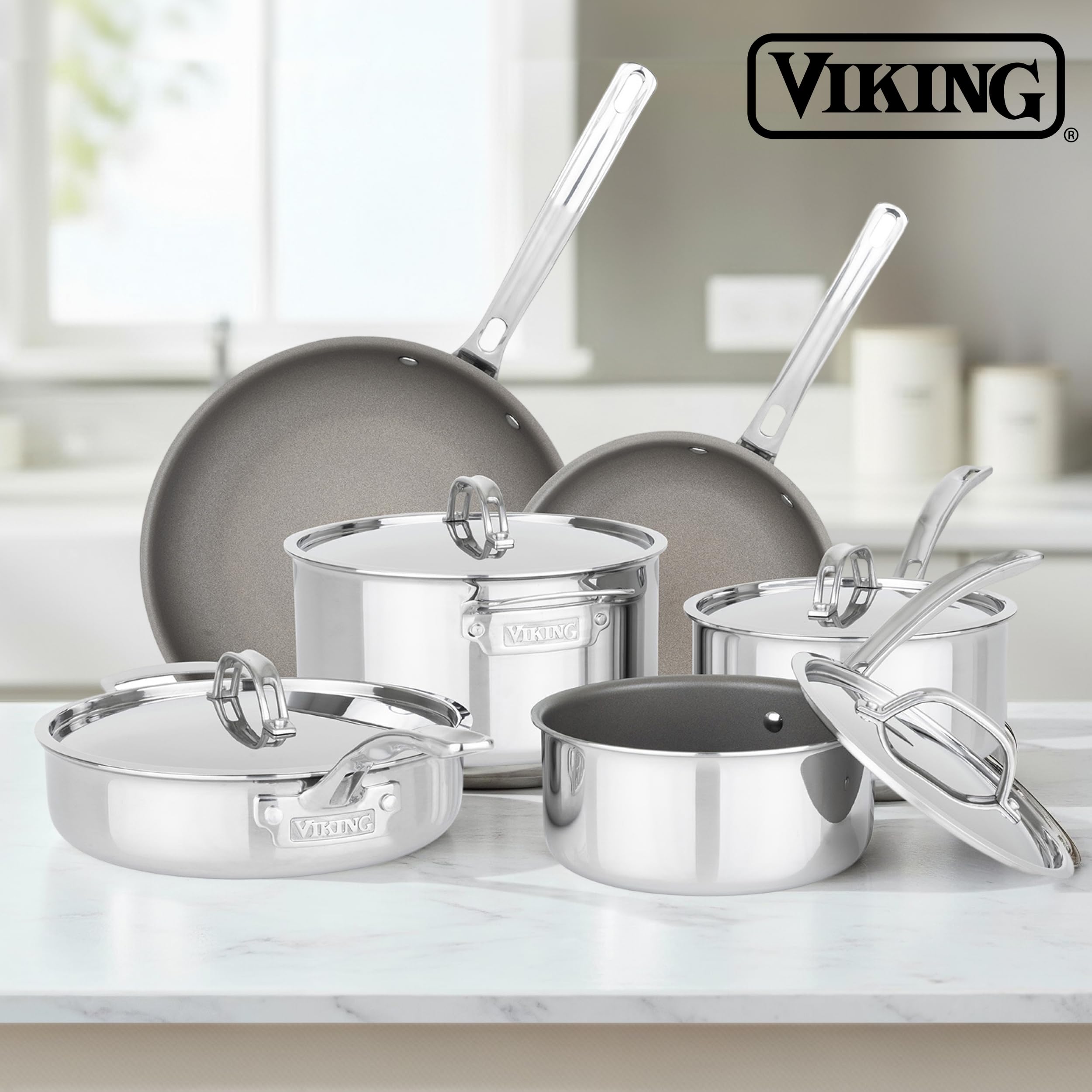 Viking PureGlide Pro 3-lagiges Antihaft-Kochgeschirr-Set, 10-teilig, Titan-Innenfutter, ofen- und grillfest, induktionsgeeignet