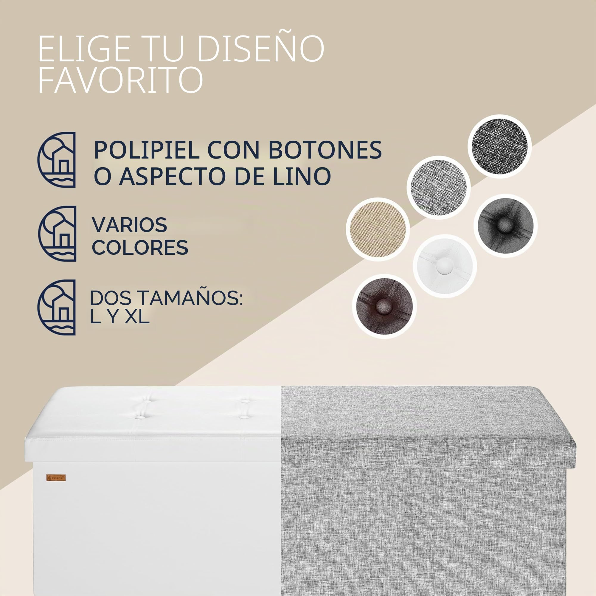 CASARIA® Banco Almacenaje Plegable Puff Reposapiés Otomana Almacenamiento Salón Dormitorio Capacidad Carga 300kg Resistente Efecto Piel 115x40x40cm Blanco