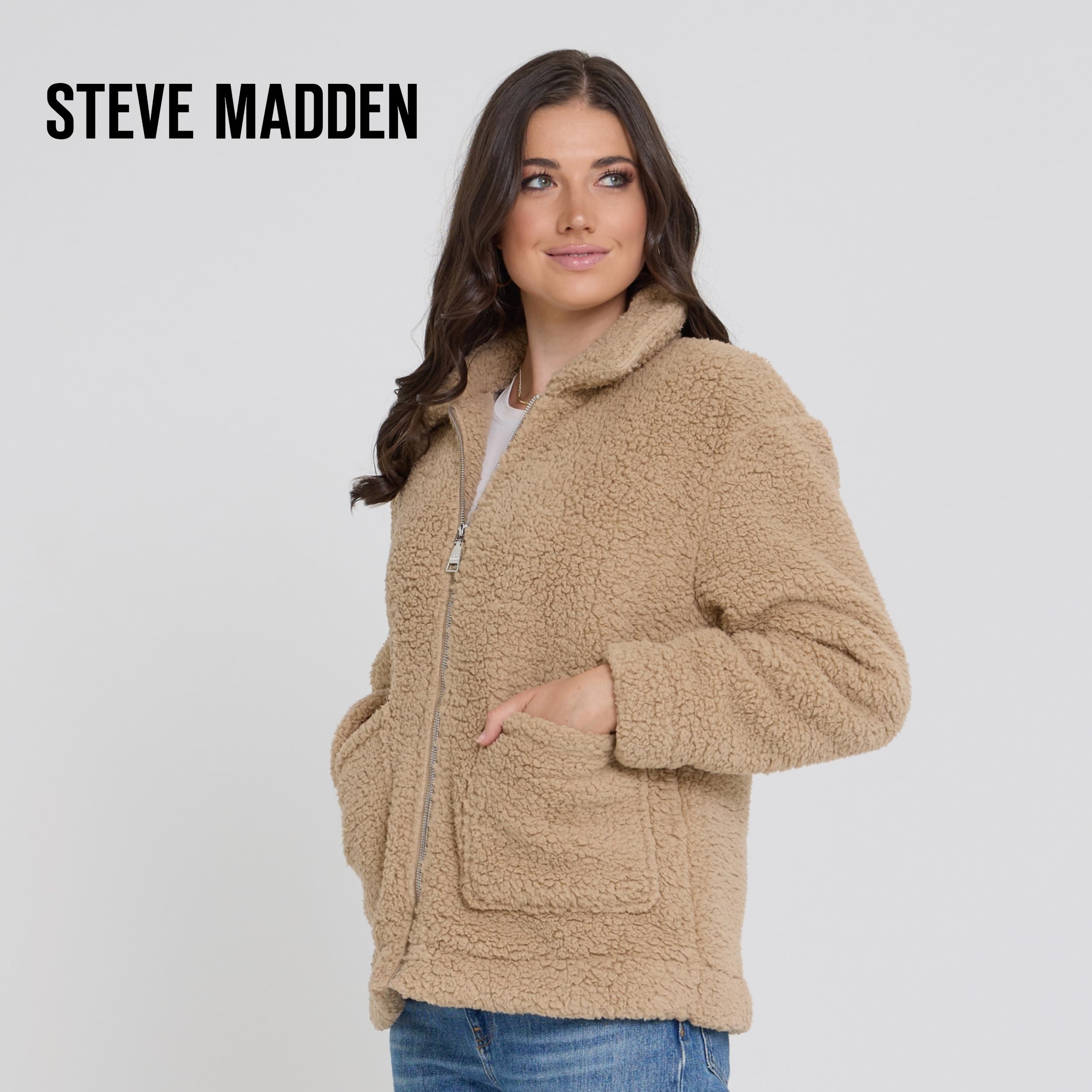 Steve Madden Sherpa Jacket Women - Oversized Faux Fur Winter Coats for Women, Shearling Fleece Plus Size Winter Jacket XS-3X